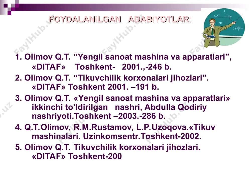 i ishlov berilayotgan mahsulotning maksimal o’lchamini aniqlaydi ishchi qulochlari bo’yicha tikuv mashinalari quyidagilarga bo’linadi: - qisqa ishchi qulochli (l-200 mm gacha); - o'rtacha ishchi qulochli (l-200 mm dan- 260 mm gacha); - uzun ishchi qulochli (l-260 mm dan yuqori). * e’tiboringiz uchun rahmat!
