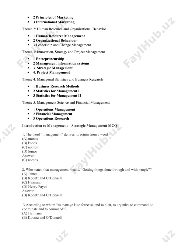 bilities of an organization to address the need of various stakeholders themes under which courses are categorized the following are the major themes that all undergraduate courses are categorized. theme 1: fundamentals of management and marketing · 1 introduction to management · 2 principles of marketing · 3 international marketing theme 2: human resource and organizational behavior · 1 human resource management · 2 organizational behaviour · 3 leadership and change management theme 3: innovation, strategy and project management · 1 entrepreneurship · 2 management information systems · 3. strategic management · 4. project management theme 4: managerial statistics and business research · 1 business research methods · 2 statistics for management i · 3 statistics for management ii theme 5: management science and financial management · 1 operations management · 2 financial management · 3 operations research introduction to management – strategic management mcq 1. the word “management” derives …