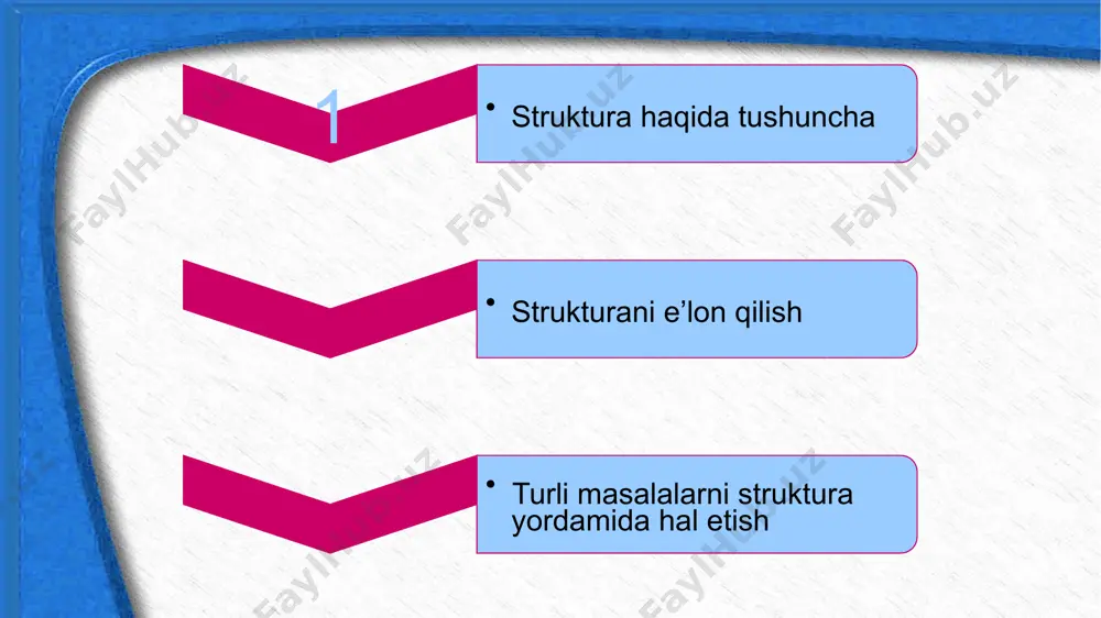 r_ball toifasi double. bu o’zgaruvchilar strukturaning qismlari hisoblanib, struktura maydonlari deb ataladi. talaba nomli strukturamizni ishga tushirish uchun, biz shunchaki talaba singari bitta o’zgaruvchi e’lon qilin olishimiz kerak masalan talaba person; // struktura nomini bosh harflar bilan yozish maqsadga muvofiq, o’zgaruvchi nomi esa kichik harflar bilan. strukturaning tavsifiga misol: struct talaba { int id; string fam; int im_soni; double or_ball; }; struktura maydonlariga murojaat qilish qachonki biz strukturaning o’zgaruvchisini e’lon qilganimizda ya’ni talaba person u butun strukturaga tegishli bo’ladi. uning har bir maydoniga alohida murojaat qilish uchun maydonni tanlash operatoridan foydalanamiz misolda strukturaning har bir maydonini initsializatsiya qilish uchun maydonni tanlash operatoridan foydalanilgan: person.id = 1; person.fam = “azizova”; person.im_soni = 4; person.or_ball = 4.17; topshiriq qurilishga kelib tushgan buyurtma bo’yicha xaridor haqidagi ma’lumotlar to’ldirilsin #include using namespace std; struct qurilish //struktura hosil qilamiz! { char *xaridor; //bu yerda xaridor nomi saqlanadi char *shahar; //shahar nomi int xonalar_soni; //xonalar soni …