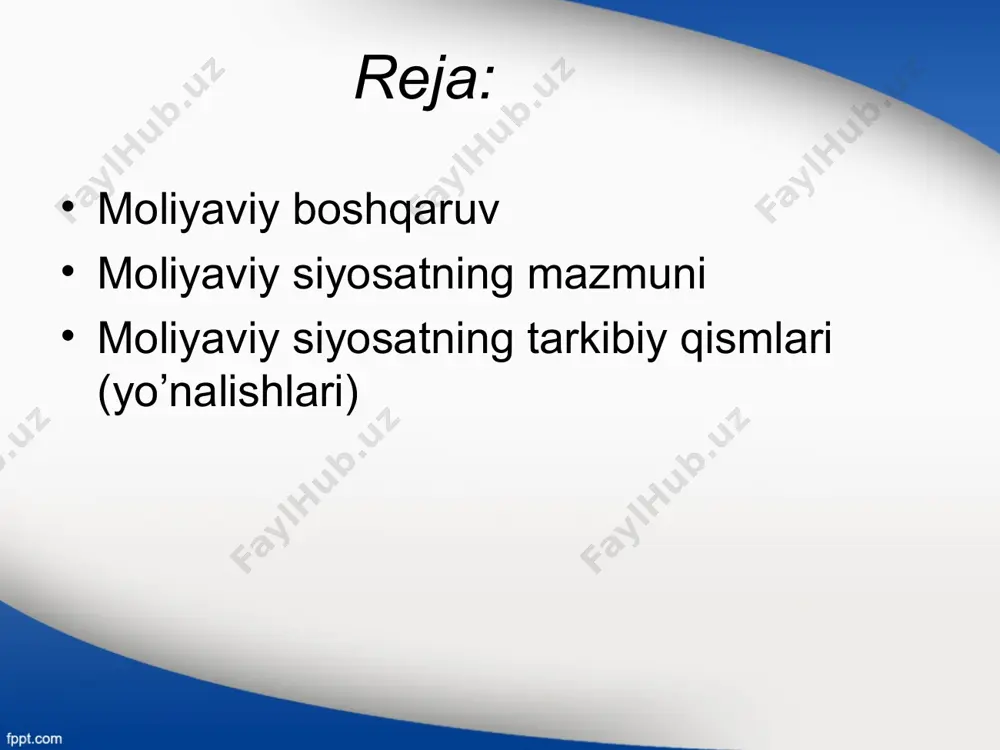 -oʻzini moliyalashtirishga erishishdir. korxona moliyaviy siyosati uning pul fondlaridan oqilona foydalanishiga, uning qarzdorligining meʼyorida boʻlishiga, pul mablaglarining oʻz vaqtida aylanib turishiga, moliyaviy majburiyatlarning vaqtida bajarilishiga qaratiladi. korxona moliyaviy siyosatining maqsadi quyidagilardan iborat bo’lishi mumkin: uy xo’jaliklari(xonadon)ning moliyaviy siyosati ularning daromadlari va harajatlarini balanslashtirish, yaʼni daromad manbalarini topish, daromadlarni oqilona ishlatish va farovonlikni oshirishni koʻzlaydi. davlat moliyaviy siyosatining asosiy maqsadi - jamiyatda yaratilgan boylik va ne’matlarning jamiyat a’zolari o’rtasida davlat moliyasi orqali maksimal darajada adolatli taqsimlanishini ta’minlash moliyaviy siyosatning tarkibiy qismlari (yo’nalishlari) budjet siyosati – budjet munosabatlarini tashkil etish tamoyillarining bajarilishini ta‘minlash, davlat va jamiyat oldida turgan maqsad va vazifalarni davlat byudjeti orqali amalga oshirish usullari, chora-tadbirlari va maqsadli faoliyatlari yig’indisidir. budjet siyosati davlat va jamiyat rivojlanishining turli bosqichlarida turlicha bo’lishi, ijtimoiy-iqtisodiy taraqqiyot darajasiga qarab o’zgarib turishi mumkin. budjet siyosati budjetda to'planadigan yaim hissasini aniqlashda, mamlakat yuqori va quyi organlari munosabatlarida, budjet xarajatlar qismining tarkibiy tuzilishida, turli darajadagi byudjetlar o‘rtasida xarajatlarni …