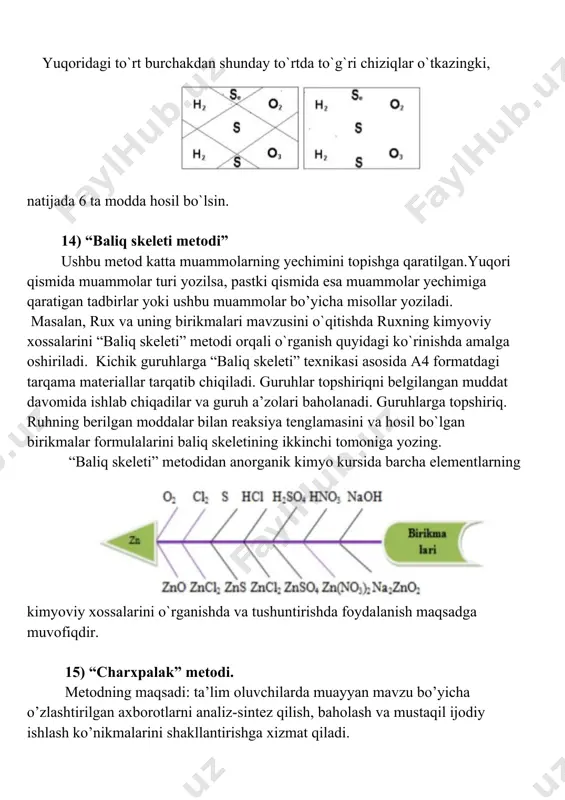 iy xossalarini o`rganishda va tushuntirishda foydalanish maqsadga muvofiqdir. 15) “charxpalak” metodi. metodning maqsadi: ta’lim oluvchilarda muayyan mavzu bo’yicha o’zlashtirilgan axborotlarni analiz-sintez qilish, baholash va mustaqil ijodiy ishlash ko’nikmalarini shakllantirishga xizmat qiladi. metodni amalga oshirish tartibi: ▪ o`quvchilar to’rt kishidan iborat kichik guruhlarga bo’linadi va ularga aniq mavzu bo’yicha tayyorlangan tarqatma materiallar tarqatiladi; ▪ berilgan harakat xususiyatlari ichidan o’zlari to’g’ri deb topgan xarakatni ko’rsatilgan kataklar ichiga maxsus belgilar (+, -, x, y) bilan belgilash tushuntiriladi; ▪ har bir guruh a’zosi individual tarzda ko’rsatilgan guruhlarning javoblarni belgilaydi va hqituvchi navbatdagi bosqichlarda varaqasini soat strelkasi tartibida almashtiradi; ▪ bu harakat to har bir guruhning dastlabki ishi o’ziga qaytib kelguniga qadar takrorlanadi. tarqatma materiallar o’z egalariga yetib kelganidan so’ng o’qituvchi to’g’ri javoblarni o’qib eshittiradi. trening yakunida o’qituvchi baholash mezonini o’qib eshittiradi va har bir o`quvchi o’z o’zini baholaydi. masalan, maktab kimyo kursi 9-sinfida ishqoriy metallar mavzusini mustahkamlshda “charxpalak” metodini qo`llanilishi. ▪ o`quvchilar to’g’ri javoblarni …