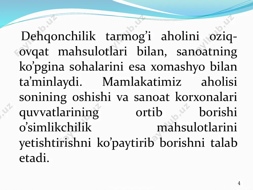 ga) va farg’ona (59,0 sentner/ga) viloyatlari yuqori ko‘rsatkichga ega bo‘lgan bo‘lsa, qoraqalpog‘iston respublikasi (28,9 sentner/ga), qashqadaryo (38,1 sentner/ga) va toshkent (39,6 sentner/ga) viloyatlarida eng past ko‘rsatkich qayd etilgan. 15 mamlakatimizda don ishlab chiqarishni intensiv rivojlantirish maqsadida ushbu jarayoniga bozor tamoyillarini joriy etish bo‘yicha izchil islohotlar amalga oshirilmoqda. jumladan, o‘zbekiston respublikasi prezidentining 2020-yil 6-martdagi “g‘alla yetishtirish, xarid qilish va sotishga bozor tamoyillarini keng joriy etish chora-tadbirlari to‘g‘risida”gi pq-4634-sonli qaroriga muvofiq: a) 2020-yil hosilidan boshlab: - davlat buyurtmasi asosida boshoqli don yetishtirish amaliyoti bosqichma-bosqich bekor qilinadi. - ichki bozorda don va non mahsulotlari narxlari barqarorligini ta’minlash tadbirlarini amalga oshirish uchun davlat tomonidan xarid qilinadigan bug‘doy mulkchilik shaklidan qat’i nazar barcha korxonalarning donni saqlash talablariga mos keladigan omborlarida shartnoma asosida saqlanadi. 16 ushbu qarorning 1-ilovasi bo‘lgan “g‘alla yetishtirishga davlat buyurtmasi bosqichma-bosqich bekor qilinishi hamda sohaga bozor tamoyillari keng joriy etilishini tashkil etish bo‘yicha amalga oshiriladigan chora-tadbirlar dasturi”da “o‘zdonmahsulot” ak tarkibidagi don korxonalarni 2020-2021-yillarda …