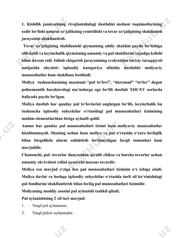 nini moliyalashtirishning asosiy manbai bo‘lgan moliyaviy mabla\lar hisoblanadi. moliyaning harakterli belgilari qo‘yidagilardan iborat: 1. pul munosabatlari harakteridan iborat. 2. taqsimlash harakteridan iborat. 3. fondli harakterdan iborat. moliya o‘ziga hos ravishdagi tarixiy kategoriya hisoblanadi. pul insoniyatning buyuk kashfiyotlaridan biri hisoblanadi. insoniyat sivilizatsiyasining dastlabki davrlaridayok pullar paydo bo‘ldi tovar pul munosabatlari paydo bo‘ldi, davlatlar shakllandi. ammo nima uchun moliya o‘rta asrlarda paydo bo‘ldi. buning 1-shart sharoiti o‘sha davrlarda yevropa davlatlarda ichki ziddiyatlar va muammolar paydo bo‘la boshladiki ularni hal qilish uchun davlat yirik miqdordagi pul mabla\lariga extiyoj seza boshladi. 2-asosiy shart sharoit o‘sha davrlarda pul fondlarini shakllantirish va undan foydalanish tizimli harakterga ega bo‘la boshladi. usha davrlardayok harajatlarni 4 turi amal qila boshlagan edi: harbiy harajatlar, iqtisodiyot, ijtimoiy soha harajatlar va boshqaruv harajatlari. 3-shart sharoit usha davrlarda soliq to‘lovlarini undirishning pul shakli rivojlanayotgan davr edi. soliqlarni undirishning 2 xil shakli bor: natural va qiymat ya’ni pul shakli. moliyaning mavjudligi tovar-pul munosabatlari va …