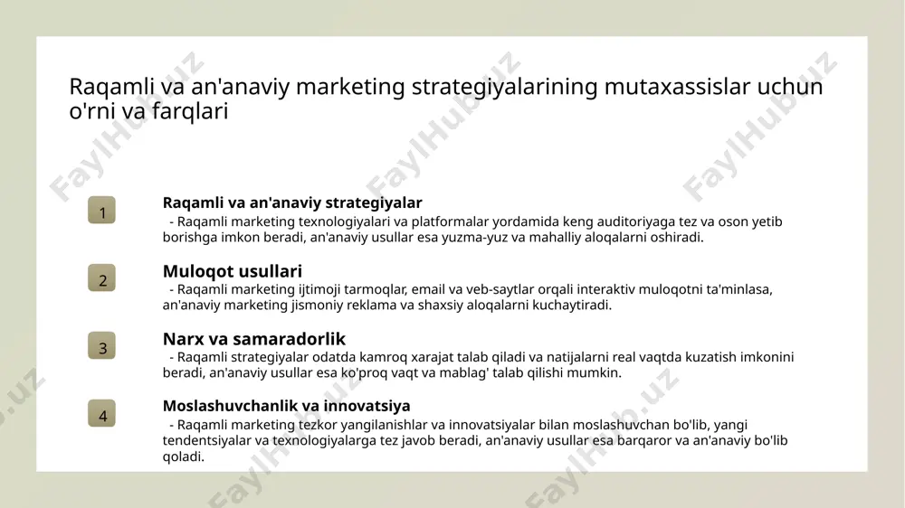 y savdo usullari muvaffaqiyat kalitidir. 3 madaniy va tarixiy kontekst o'zbekistonning boy madaniy va tarixiy merosi marketingda muhim rol o'ynaydi. mahalliy brendlar bu elementlarni reklama va brendingda faol qo'llash orqali ishonch hosil qilishadi. o'zbekistonda raqamli va an'anaviy marketingning uyg'unligi va samaradorligini oshirish usullari 01 raqamli va an'anaviy yondashuvlar uyg‘unligi raqamli va an'anaviy marketingni birlashtirish, brendlarga kengroq auditoriya yetkazib, moslashuvchan va innovatsion strategiyalarni amalga oshirish imkonini beradi. 02 moslashtirilgan marketing strategiyalari iste'molchilarning ehtiyojlariga mos keladigan, shaxsiylashtirilgan va lokal xususiyatlarga mos marketing usullari, mijozlar bilan mustahkam aloqalar o‘rnatadi. 03 texnologiyalar va madaniyatni integratsiya zamonaviy texnologiyalar yordamida, madaniyat va tarixiy xususiyatlarni hisobga olgan holda, marketing faoliyatini samarali va madaniy jihatdan moslashtirish mumkin. xulosa 1 marketing mutaxassisi – jamiyat va iqtisodiyotdagi roli marketing mutaxassisi bozorni o‘rganadi, strategiyalar ishlab chiqadi va brendlarni rivojlantiradi, shuningdek, iqtisodiy va madaniy rivojlanishga katta ta'sir ko‘rsatadi. 2 raqamli va an'anaviy strategiyalar farqlari va imkoniyatlari raqamli marketing keng auditoriyaga tez yetib …