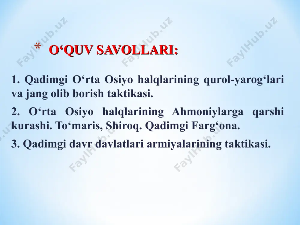 massagetlar, xorazmliklar va baqtriyaliklarning temirdan yasalgan ikki tomoni ham kesadigan uzun shtangasimon dastali uzun qilichlar (uzunligi 1,2 m) paydo bo‘lgan tog‘li o‘lkali sak jangchisi kushonlar jangchisi so‘g‘diona jangchilari skiflar jangchilari * qadimgi baqtriya podsholigi xalqlarining harbiy anjomlari qadimgi sharq davlatlari harbiy san’atining erishgan yutuqlari hisobidan ancha takomillashdi. m.a. iv asrda o‘rta osiyoning qurolsozlik ishi o‘zining yuqori rivojlanish darajasiga erishdi. jangchilar hujum qurollarini mohirlik bilan ishlatganlar va dastasi qimmatbaho qilib bezatilgan temirdan yasalgan (ayrim hollarda bronzadan) xanjarlar va qilichlarni keng qo‘llaganlar. qo‘l jangida o‘rta osiyolik jangchilar akinak nomi bilan mashhur bo‘lgan kalta qilichlardan foydalanganlar. akinakni o‘ng tomonga taqib yurganlar. ularda uzun (1,2 m gacha) qilichlar ham bo‘lgan. jangda ko‘p hollarda jangovar boltalar–sigarislar qo‘llanilgan. bunday ikkala tomoni ham keskir jangovar boltalar qabrlarni qazish chog‘ida ko‘plab topilgan. * uzoqqa zarba beruvchi qurol sifatida, avvalom bor, kamonlar uning o‘qlari qo‘llanilgan. m.a. v asrdan o‘rta osiyoda skiflarlarnikidaqa murakkab tarkibga ega bo‘lgan kamon qo‘llanilgan. u oshirilgan …