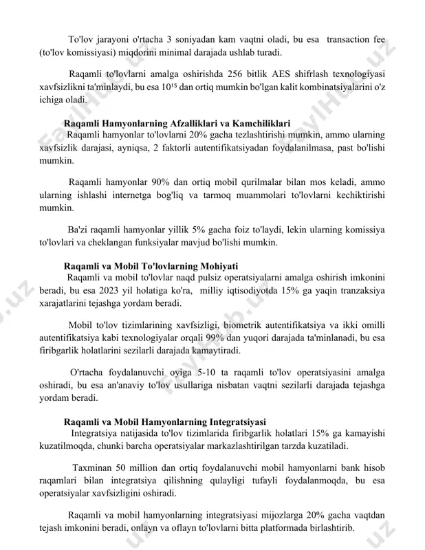 a 256 bitlik aes shifrlash texnologiyasi xavfsizlikni ta'minlaydi, bu esa 10¹⁵ dan ortiq mumkin bo'lgan kalit kombinatsiyalarini o'z ichiga oladi. raqamli hamyonlarning afzalliklari va kamchiliklari raqamli hamyonlar to'lovlarni 20% gacha tezlashtirishi mumkin, ammo ularning xavfsizlik darajasi, ayniqsa, 2 faktorli autentifikatsiyadan foydalanilmasa, past bo'lishi mumkin. raqamli hamyonlar 90% dan ortiq mobil qurilmalar bilan mos keladi, ammo ularning ishlashi internetga bog'liq va tarmoq muammolari to'lovlarni kechiktirishi mumkin. ba'zi raqamli hamyonlar yillik 5% gacha foiz to'laydi, lekin ularning komissiya to'lovlari va cheklangan funksiyalar mavjud bo'lishi mumkin. raqamli va mobil to'lovlarning mohiyati raqamli va mobil to'lovlar naqd pulsiz operatsiyalarni amalga oshirish imkonini beradi, bu esa 2023 yil holatiga ko'ra, milliy iqtisodiyotda 15% ga yaqin tranzaksiya xarajatlarini tejashga yordam beradi. mobil to'lov tizimlarining xavfsizligi, biometrik autentifikatsiya va ikki omilli autentifikatsiya kabi texnologiyalar orqali 99% dan yuqori darajada ta'minlanadi, bu esa firibgarlik holatlarini sezilarli darajada kamaytiradi. o'rtacha foydalanuvchi oyiga 5-10 ta raqamli to'lov operatsiyasini amalga oshiradi, …