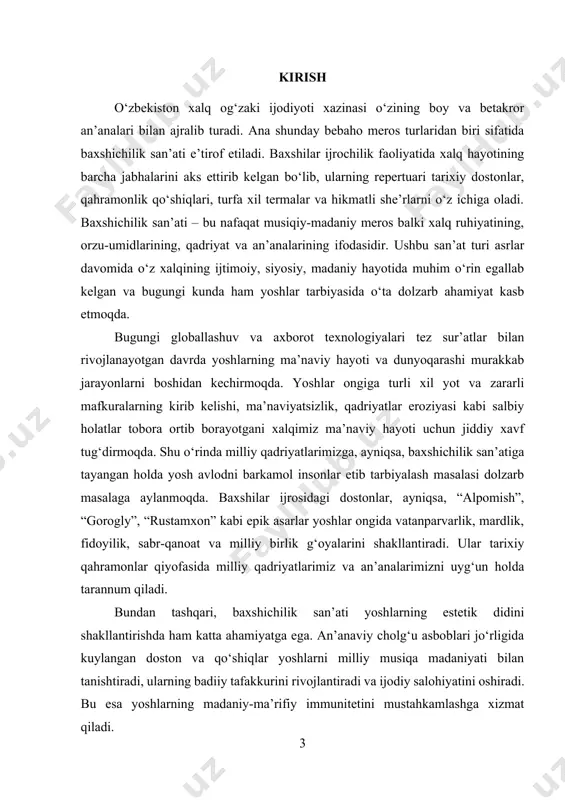 olotiga xizmat qiluvchi samarali tavsiyalar ishlab chiqish nazarda tutiladi. tadqiqotning maqsadi va vazifalari. ushbu tadqiqotning asosiy maqsadi - baxshichilik san’atining yoshlar ma’naviy tarbiyasidagi o‘rnini ilmiy-nazariy va amaliy jihatdan chuqur o‘rganish, uning tarbiyaviy va estetik imkoniyatlarini aniqlash hamda zamonaviy sharoitda bu san’at turini yanada rivojlantirishga oid taklif va tavsiyalar ishlab chiqishdan iboratdir. tadqiqot davomida asosiy vazifa sifatida birinchi navbatda baxshichilik san’atining tarixiy ildizlari va taraqqiyot bosqichlarini tahlil qilish ko‘zda tutiladi. bu orqali uning kelib chiqishi, shakllanishi va rivojlanish jarayonlari, shuningdek, xalq hayotida tutgan o‘rni va ahamiyati yoritiladi. shuningdek, baxshichilik san’atining yoshlar ma’naviy tarbiyasidagi o‘rni va uning ta’siri aniqlanadi. baxshilar ijrosidagi doston va qo‘shiqlarning yoshlarning dunyoqarashi, axloqiy va ma’naviy qiyofasini shakllantirishga ta’siri chuqur tahlil qilinadi. tadqiqotda baxshichilik san’atining estetik va tarbiyaviy imkoniyatlari o‘rganiladi, xususan, baxshilar ijodida aks etgan qadriyatlar tizimi va ular orqali yoshlarning badiiy didini shakllantirish omillari ilmiy jihatdan asoslab beriladi. shuningdek, zamonaviy davrda baxshichilik san’atining rivojlanish tendensiyalari va uning yoshlar …