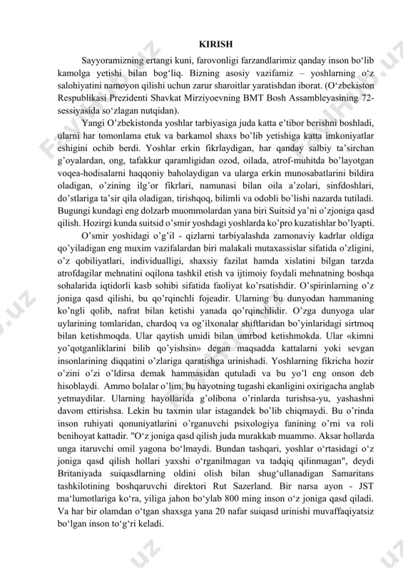 ogiya fanining o’rni va roli benihoyat kattadir. "o‘z joniga qasd qilish juda murakkab muammo. aksar hollarda unga itaruvchi omil yagona bo‘lmaydi. bundan tashqari, yoshlar o‘rtasidagi o‘z joniga qasd qilish hollari yaxshi o‘rganilmagan va tadqiq qilinmagan", deydi britaniyada suiqasdlarning oldini olish bilan shug‘ullanadigan samaritans tashkilotining boshqaruvchi direktori rut sazerland. bir narsa ayon - jst ma‘lumotlariga ko‘ra, yiliga jahon bo‘ylab 800 ming inson o‘z joniga qasd qiladi. va har bir olamdan o‘tgan shaxsga yana 20 nafar suiqasd urinishi muvaffaqiyatsiz bo‘lgan inson to‘g‘ri keladi. o’z joniga qasd qilish "birdaniga bir kuni" ro‘y berib qolmaydi. o‘tkazilgan tadqiqotlarga ko‘ra, o‘zini o‘ldirgan o‘smirlardan 90 foizi qaysidir darajada ruhiy salomatlik muammosiga ega bo‘lganlar. o'z joniga qasd qilish harakati har qanday mamlakatda va har qanday mamlakatda sog'liqni saqlashning eng muhim muammolaridan biridir jamiyat. 2012 yilda o'z joniga qasd qilish dunyodagi o'limlarning 1,4 foizini tashkil etdi, o'limning barcha sabablari orasida 15-o'rinni egalladi. garchi rossiyada o'z joniga qasd qilish darajasi …