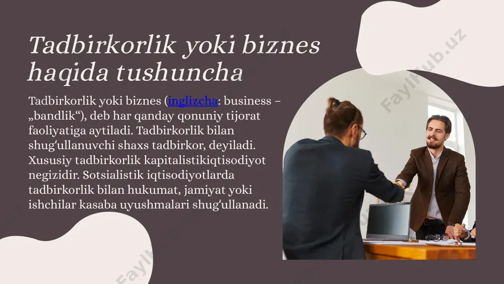 i, usullardan foydalanish natijalarining aniqligida ko’rish mumkin. 2. matritsa usullari. bunda “tovarlar-bozorlar” matritsasi (i.ansoff matritsasi), bkg modeli, jeneral elektrik modelidan foydalaniladi. 3. eng oddiy statistik usullar. aniqlashda pims tahlil, konan va golder modeli, roa modeli, dupont modelidan foydalnilib, bu korxona faoliyatining eng muhim parametrlarini aniqlashga imkon beradi. tadbirkorlik faoliyatida strategiyalarni shakllantirishda quyidagi usullardan foydalaniladi: 4. kompleks iqtisodiy-statistik usullar va modellar. korrelyatsion va regression, variatsion tahlil, vaqt qatorlarining ekstra-polyatsiyasidan foydalanilib, bu korxonaning faoliyati va rivojlanishi haqida juda aniq, ob’ektiv tasavvurni aniqlashga imkon beradi. 5. biznes qiymatini boshqarish usullari va ko’rsatkichlaridan foydalanish usuli. fond bozorida kompaniya aktsiyalarini baholash. biznesni baholashga daromadli, qiyosiy, xarajatli yondashuvlar asosida aniqlanib, bu yondashuv korxonaning qiymati uzoq muddatli barqaror o’sishdan manfaatdor bo’lgan aktsiyadorlar va boshqa investorlar uchun samaralidir. 10 6. balanslashgan ko’rsatkichlar tizimi usuli. aniqlash jarayonida strategiyani amalga oshirish ko’rsatkichlarini balanslashgan rang usulidan foydalanilib, bu korxonaning strategik rivojlanishi haqida har tomonlama tasavvurni aniqlashga imkon beradi. 7. institutsional iqtisodiyot …