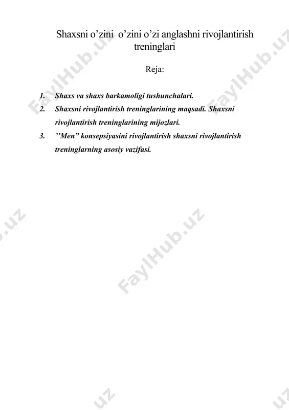 ik” nomli atir-upalar bilan savdo qiluvchi bir qancha do'konlar egasi botgan uilyam penn patrik a. everett va uning ishlari bilan qiziqib qolgan edi. penn patrik bir qancha do'konlar egasi bo’ishi bilan bir qatorda “sardorlik dinamikasi” trening shirkatining boshlig’i ham edi. 1970 yilda uilyam penn patrik a. everettning “aql dinamikasi” shirkatini sotib oladi va o'zining trening shirkatiga qo'shadi. buning natijasida ‘tansformasion trening” shirkati rivojlanadi. biroq uilyam penn patrikning atir-upalar bilan savdo qiluvchi do'konlarining marketing ishlari noqonuniy hisoblanib yopiladi. bu esa aql dinamikasi” trening shirkatining ham ish faoliyati to'xtatilishiga olib keladi. bu yo'nalishdagi treninglar rossiyaga xx asming 90-yillarida o ‘arbdan kirib kelgan. bizda esa bu yo'nalishdagi treninglar hali yetarli darajada rivojlangani yo’q va deyarli o'tkazilmaydi, deyish mumkin. shaxsni barkamollashtiruvchi treninglarning maqsadi shaxsni barkamollashtiruvchi treninglar — bu asosiy maqsadi shaxs, inson potensialini har tomonlama rivojlantirish, qirralarini ochishga qaratilgan psixologik treninglardir. “shaxsni barkamollashtiruvchi treninglar o ‘z ishtirokchilariga nima beradi, degan savolga quyidagicha javob berish …