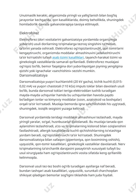 gdek homiladorlik davrida galvanoterapiya tavsiya etilmaydi. elektroforez elektroforez (dori vositalarini galvanizatsiya yordamida organizmga yuborish) usuli dorilarning to‘qimalarga tezroq singishini ta’minlab, ta’sirini yanada oshiradi. elektroforez og‘riqsizlantiruvchi, qon tomirlarni kengaytiruvchi, organizmda moddalar almashinuvini jadallashtiruvchi ta’sir ko‘rsatishi tufayli asab tizimi kasalliklari, tayanch-harakat tizimi va ginekologik xastaliklarda samarali qo‘llaniladi. elektroforez muolajasi og‘riqsiz bo‘lib, bemor faqatgina dori yuborilayotgan joyning yengilgina qizishi yoki ignachalar «sanchishini» sezishi mumkin. darsonvalizatsiya darsonvalizatsiya yuqori kuchlanishli (20 kv gacha), kichik kuchli (0,015-0,02 ma) va yuqori chastotali (110 kgs) impuls toklar bilan davolash usuli bo‘lib, bunda darsonval toklari teriga elektroddan tushib turadigan mayda-mayda uchqunlar hamda bu uchqunlardan havoda paydo bo‘ladigan ionlar va kimyoviy moddalar (ozon, azot-oksid va boshqalar) orqali ta’sir ko‘rsatadi. muolaja bemorda igna sanchilishidek his uyg‘otadi, shuningdek, issiqlik sezgisini yuzaga keltiradi. darsonval yordamida teridagi moddalar almashinuvi tezlashadi, mayda yiringli yaralar, so‘gal, husnbuzarlar davolanadi. bu muolaja tanada qon aylanishini tezlashtiradi, a’zo va to‘qimalarning kislorod bilan oziqlanishini faollashtiradi, allergik kasalliklarda kuchli qichishishlarning to‘xtashiga …