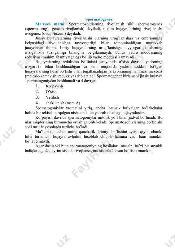 , ancha intensiv bo’yalgan bo’lakchalar holida bir tekisda tarqalgan nisbatan katta yadroli odatdagi hujayralardir. ko’payish davrida spermatogoniylar mitotik yo’l bilan jadval bo’linadi. bu ular miqdorining birmuncha ortishiga olib keladi. spermatogoniylarning bo’linishi soni turli hayvonlarda turlicha bo’ladi. ma’lum tur uchun uning qanchalik doimiy bo’lishini aytish qiyin, chunki bitta birlamchi hujayra avlodini hisoblab chiqish hamma vaqt ham mumkin bo’lavermaydi. agar dastlabki bitta spermatogoniyning hosilalari, masaln, ba’zi bir suyakli baliqlardagidek ayrim sistada rivojlansagina hisoblash oson bo’lishi mumkin. spermatogoniy qobiqlari oson o’tkazuvchan bo’ladi va ular orqali kiruvchi oziq moddalar hujayralarning jadval bo’linishi uchun energiya manbai bo’lib xizmat qiladi. bir qancha ketma-ket mitotik bo’linishlardan so’ng o’sish davri keladi, bu davrda jinsiy hujayralar bo’linmaydi. shimiladigan oziq moddalar sitoplazma tomonidan assimilyasiya qilinadi va hujayraning jadal o’sish sabab bo’ladi. jinsiy hujayralar birinchi tartib spermatositlar bo’lib qoladi, o’sish davrida ularning yadrosida turli o’zgarishlar ro’y beradi. bu o’zgarishlar navbatidagi davrida sodir bo’ladigan reduksion bo’linishga tayyorgarlik hisoblanadi. yadro moddasining kamayishiga tayrpanish …