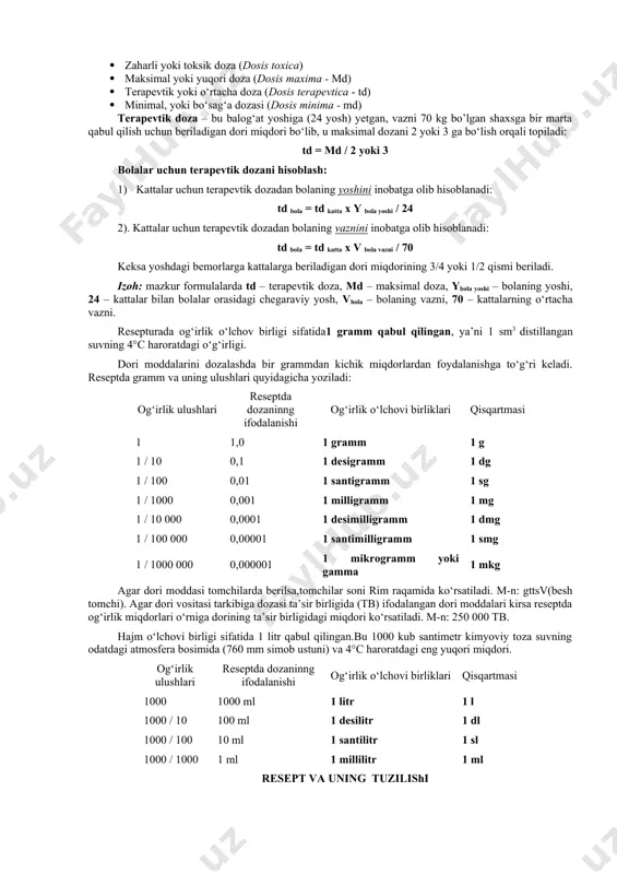 luvchilar uning talablariga rioya qilishlari shart. farmakopeyada dori moddalarining nomlari, kimyoviy formulalari, fizik-kimyoviy xossalari, sifati, saqlash qoidalari, bir martalik va sutkalik miqdori (doza) beriladi. unda zaharli (a ro‘yxati - venena) va kuchli ta’sir ko‘rsatadigan (b ro‘yxati - heroica) dori moddalarning ro‘yxati keltiriladi. a ro‘yxatiga (zaharli – venena) buyurilishi, qo‘llanilishi, dozalanishi va saqlanishi zaharlilik bilan bog‘liq ravishda yuqori darajada ehtiyotkorlik bilan amalga oshirilishi lozim bo‘lgan dorilar kiritilgan. ushbu ro'yxat asosan qaramlikka sabab bo‘ladigan dorilarni o‘z ichiga oladi. b ro'yxati (kuchli ta’sir qiluvchi – heroica) tibbiy nazoratsiz qo‘llanilganida yuzaga kelishi mumkin bo'lgan asoratlar tufayli buyurilishi, ishlatilishi, dozalanishi va saqlanishi ehtiyotkorlik bilan tibbiy nazorat ostida amalga oshirilishi kerak bo‘lgan dori vositalarini o‘z ichiga oladi. farmakopeyaga kiritilgan dori moddalar – ofisinal (officina - dorixona) dorilar, unga kiritilmagan, shifokorning ko‘rsatmasiga binoan dorixonalarda tayyorlanadigan dori vositalari magistral dorilar (magister - o`qituvchi) deb ataladi. dozalar va o‘lchov birliklari doza – bu dori moddalarining organizmga bir marotaba kiritiladigan, …