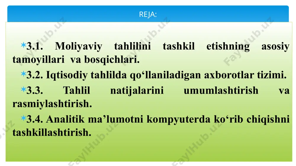 hi boshqaradi. u korxonada barcha iqtisodiy ishlarni, shu jumladan moliyaviy tahlilni ham tashkil qiladi. uning boshqaruvida iqtisod va ishlab chiqarishni tashkil qilish bo‘limi, reja-iqtisod bo‘limi, mehnatni tashkil etish va ish haqi bo‘limi, buxgalteriya hisobi, moliyaviy bo‘lim va boshqa bo‘limlar bo‘ladi. korxonada alohida tarkibiy tuzilish bo‘linmasida bo‘lim yoki moliyaviy tahlil guruhi tahlil ishlarini olib boradi. o‘rta yoki kichik korxonalarda analitik ishni reja bo‘limining menejeri yoki bosh buxgalter boshqaradi. moliyaviy tahlil nafaqat iqtisod bo‘linmalari xodimlari majburiyatlariga, balki u texnik bo‘linmalar xodimlarining ham (bosh mexanik, energetik, texnolog, yangi texnika va boshqalar) majburiyatiga kiradi. moliyaviy tahlil bilan tsex bo‘linmalari, brigada va uchastka rahbarlari va boshqalar ham shug‘ullanadilar. bu iqtisodiy bo‘linmalarda xodimlar yuqori malakaga ega bo‘lmasalarda, ularning ishtirokisiz korxonada moliyaviy tahlilni chuqur, har tomonlama va mukammal o‘tkazib bo‘lmaydi. o‘rganilayotgan masala bo‘yicha yetarli bilimlarga ega bo‘lgan iqtisodchilar, texniklar, texnologlar, turli xil ishlab chiqarish bo‘linmalari rahbarlarining birgalikdagi harakatlari bilan qo‘yilgan masalani kompleks tadqiq qilib, uni hal qilish …