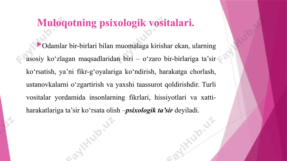 r” deyishlari norma hisoblanadi va har bir oilada shunday harakatlarga nisbatan ijobiy ustanovka shakllanadi. bunda bola uchun referent rolini ota-onasi, kattalar, mahalladagi hurmatli insonlar o‘ynaydi. 2. qiyoslash guruhlari – bu shunday guruhki, shaxs o‘sha guruhga kirishni, uning ma’qullashiga muxtoj bo‘lmaydi, lekin o‘z harakatlarini yo‘lga solishda unga asoslanadi va korreksiya qiladi. masalan, talabalar guruhida shunday yoshlar bo‘lishi mumkinki, shaxs ular bilan umuman muloqotda bo‘lmaydi, ularning fikrlari yoki qarashlarini yoqlamaydi, lekin bu guruh aynan o‘shalarga o‘xshamaslik va o‘z ustida ko‘proq ishlashga o‘zini safarbar qilish uchun kerak bo‘ladi. 3.negativ guruhlar – shundayki, shaxs ularning xatti-harakatlaridan ataylab voz kechadi, chunki ular shaxsiy qarashlardan mutloq farq qiladi. masalan, ikki qo‘shni bir-biri bilan murosalari kelishmasa, hattoki, devorlarini oqlashda ham biri tanlagan rangni ikkinchisi tanlamaydi. biri «oq» desa, ikkinchisi – aksincha, «qora» deb turaveradi. guruhlarning turlari: hamkorlikning darajasi mezoniga ko‘ra guruhlarni birlamchi va ikkilamchi turlarga bo‘lib o‘rganiladi: 1.birlamchi guruhda shaxslararo o‘zaro ta’sir «yuzma-yuz, bevosita» ro‘y beradi. masalan, …