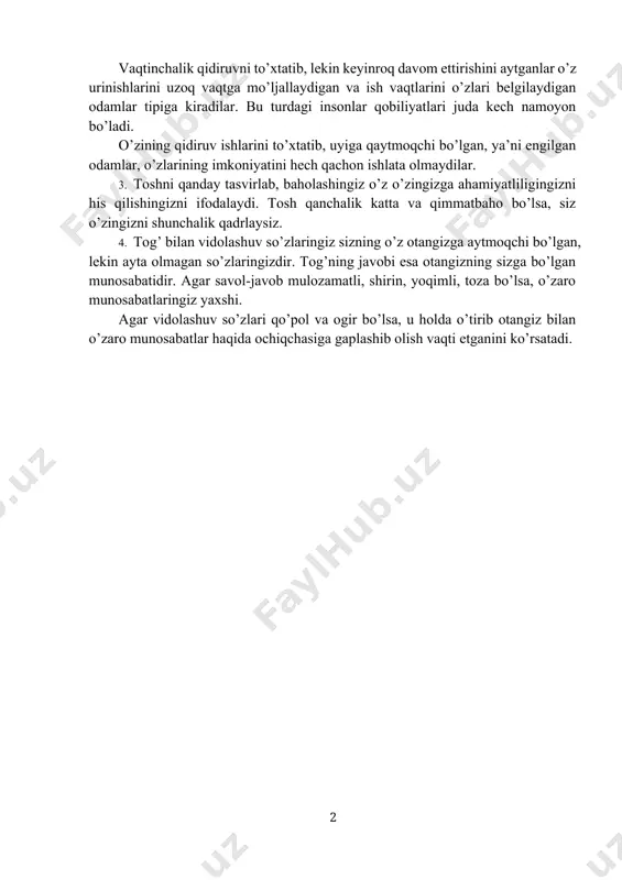 hamda kuchni anglatadi. sizning bu savolga javobingiz esa siz hali o’zingizdagi hozircha foydalanilmagan ichki imkoniyatlaringizni qachondir qo’llay olasizmi yo’qmi shuni namoyon qiladi. - nima bo’lganda ham bu toshni topishga harakat qilardim, - deb aytganlar odatda hayotda ham huddi shunday tirishqoqlik va intiluvchanlikni namoyon qiladilar, ular agar harakatlari samarasizdek tuyulsa ham, hech qachon orqaga qaytmaydilar. vaqtinchalik qidiruvni to’xtatib, lekin keyinroq davom ettirishini aytganlar o’z urinishlarini uzoq vaqtga mo’ljallaydigan va ish vaqtlarini o’zlari belgilaydigan odamlar tipiga kiradilar. bu turdagi insonlar qobiliyatlari juda kech namoyon bo’ladi. o’zining qidiruv ishlarini to’xtatib, uyiga qaytmoqchi bo’lgan, ya’ni engilgan odamlar, o’zlarining imkoniyatini hech qachon ishlata olmaydilar. 3. toshni qanday tasvirlab, baholashingiz o’z o’zingizga ahamiyatliligingizni his qilishingizni ifodalaydi. tosh qanchalik katta va qimmatbaho bo’lsa, siz o’zingizni shunchalik qadrlaysiz. 4. tog’ bilan vidolashuv so’zlaringiz sizning o’z otangizga aytmoqchi bo’lgan, lekin ayta olmagan so’zlaringizdir. tog’ning javobi esa otangizning sizga bo’lgan munosabatidir. agar savol-javob mulozamatli, shirin, yoqimli, toza bo’lsa, o’zaro munosabatlaringiz …