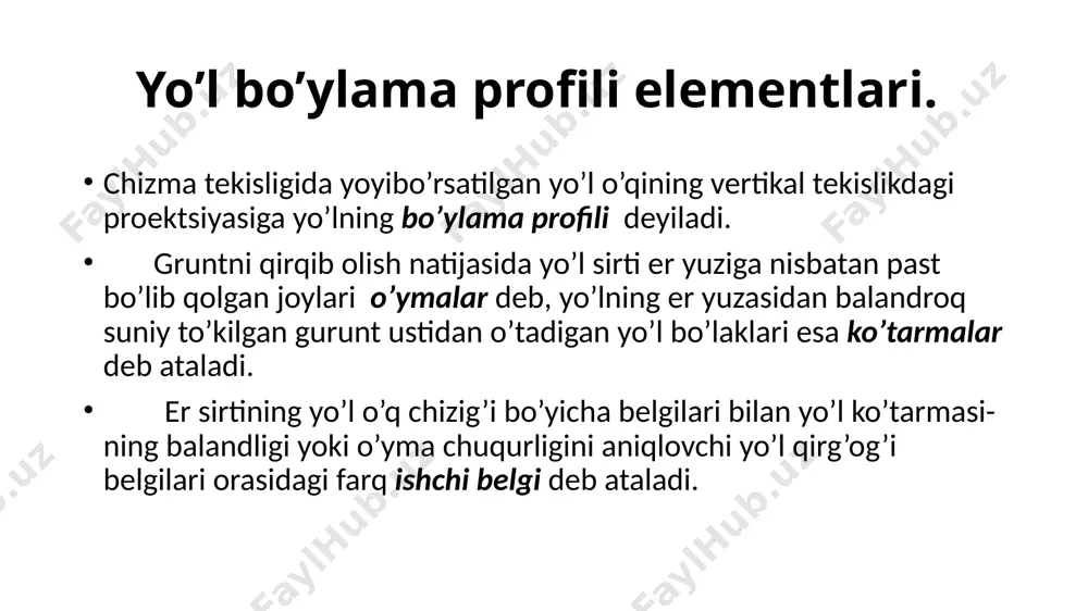 qismi deb ataladi. i toifali yo’llarda qatnov qismlari o’rtasida ajratilgan tasmasi loyihalanadi.qatnov qismida yon tomonda yo’l yoqasi joylashadi.qatnov qismi bo’ylab yo’l yoqasida va ajratuvchi tasmalardachetki mustahkamlash tasmalar yotqiziladi, ular qoplama chetining mustahkamligini oshiradi. yo’l poyining yonbag’ir nishabligi 4- rasm. a - balandligi 1m.dan kam bo’lgan kyuvet-rezervli ko’ndalang profil; b – balandligi 2 m.gacha bo’lgan ko’ndalang profil; v - balandligi 12 m.gacha bo’lgan ko’ndalang profil; g - adrdagi tog’ yon bag’ri qiyaligi 1:1,5 dan 1: 3 gacha bo’lgan rezervli ko’ndalang profil; d - tog’ yon bagri tikligi 1:5 dan 1:3 gacha bo’lgan qiyalikda; e - tog’ oldi ariqchasi bo’lmagan ko’tarmaning yuqorigi yonbag’irini grunt bilan tutashtirish; 1 - yo’l uchun ajratilgan joyning chegarasi; 2 - o’simlikli gruntning olib tashlanadigan qatlami; 3 - yonbag’irlarga yotqiziladigan o’simlikli grunt qatlami (chim); 4 - chuqurligi hisoblangan, kamida 0,3 m bo’lgan uchburchak ariq; 5 - o’lchami gruntning zarur mikdoriga bog’lik bo’lgan rezerv; 6 - balandligi ko’pi bilan …