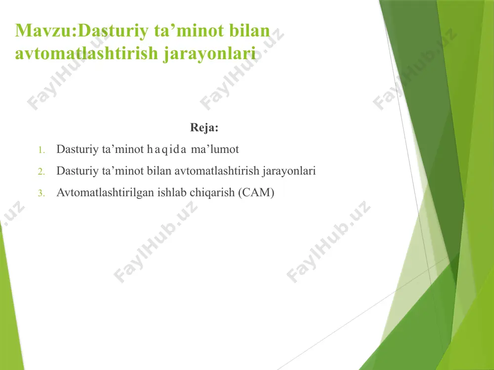 at qilish jarayonidir. bu jarayonlar ish unumdorligini oshirish, xatoliklarni kamaytirish va inson resurslaridan samarali foydalanishni ta’minlashga xizmat qiladi. ishlab chiqarishni avtomatlashtirish scada (supervisory control and data acquisition) tizimlari yordamida uskunalar monitoringi va boshqaruvi. plc (programmable logic controller) orqali mashina va uskunalarni dasturiy boshqarish. dasturiy ta'minot sifatini ta'minlashning asosiy tamoyillari dasturiy ta'minot sifatini ta'minlash asosiy tamoyillarga asoslanadi, ular ishlab chiqilgandan keyin nuqsonlarni aniqlashga emas, balki ularning oldini olishga qaratilgan. sifatga proaktiv yondashuv quyidagi jihatlarni o‘z ichiga oladi:  sifatni rejalashtirish - bu dasturiy ta'minot mos kelishi kerak bo‘lgan aniq talablar va standartlarni ishlab chiqish.  doimiy takomillashtirish jarayoni - rivojlanish jarayonlarini doimiy ravishda tahlil qilish va takomillashtirish.  risklarni boshqarish ⁤– ⁤dasturiy taʼminotning hayot aylanishining barcha bosqichlarida potensial xavflarni aniqlash, tahlil qilish va minimallashtirish. bundan tashqari, tashkiliy jihatlarga e'tibor qaratish lozim , ular orasida: 3. avtomatlashtirilgan ishlab chiqarish (cam) avtomatlashtirilgan ishlab chiqarish (cam) — bu korxonaning ishlab chiqarish resurslari bilan bevosita …