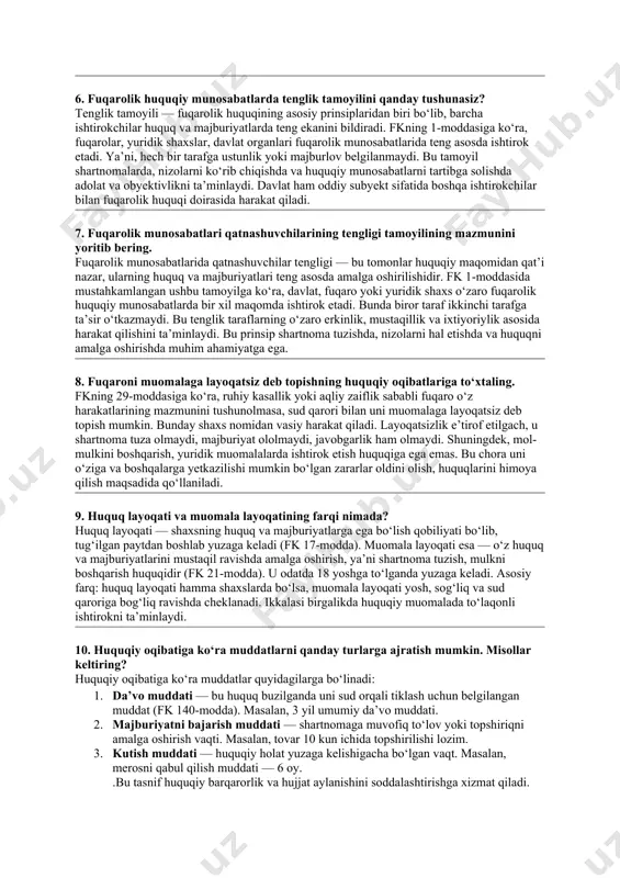 mulkiy munosabatlar — bu inson shaxsiga bevosita bog‘liq, mulkiy qiymatga ega bo‘lmagan huquqiy munosabatlardir. fkning 22-moddasida belgilanishicha, bular quyidagilardir: nom, sha’n, obro‘, shaxsiy sir, surat, hayot va sog‘likka daxldor huquqlar. bu munosabatlarning xususiyati — ular beg‘ubor shaxsiydir, ya’ni boshqa shaxsga o‘tkazilmaydi va moliyaviy qiymatga ega emas. ular inson sha’ni va erkinligini himoya qilishga xizmat qiladi. shu bilan birga, bu huquqlar buzilganda fuqarolik tartibida kompensatsiya yoki boshqa himoya vositalari qo‘llaniladi. 5. fuqarolik huquqining tizimiga ta’rif bering. fuqarolik huquqi tizimi — bu fuqarolik huquqining ichki tuzilmasi bo‘lib, u turli institutlar va normalarning o‘zaro bog‘liq majmuasidir. u ikki asosiy qismdan iborat: 1) umumiy qism – fuqarolik huquqining umumiy tamoyillari, subyektlari, obyektlari, muomala va huquq layoqati, muddatlar va da’vo muddati; 2) maxsus qism – mulkiy va nomulkiy huquqlar, majburiyatlar, meros huquqi, intellektual mulk va shartnomaviy munosabatlar. ushbu tizim fuqarolik kodeksida bosqichma-bosqich yoritilgan bo‘lib, fuqarolik huquqining samarali qo‘llanilishini ta’minlaydi. 6. fuqarolik huquqiy munosabatlarda tenglik tamoyilini …