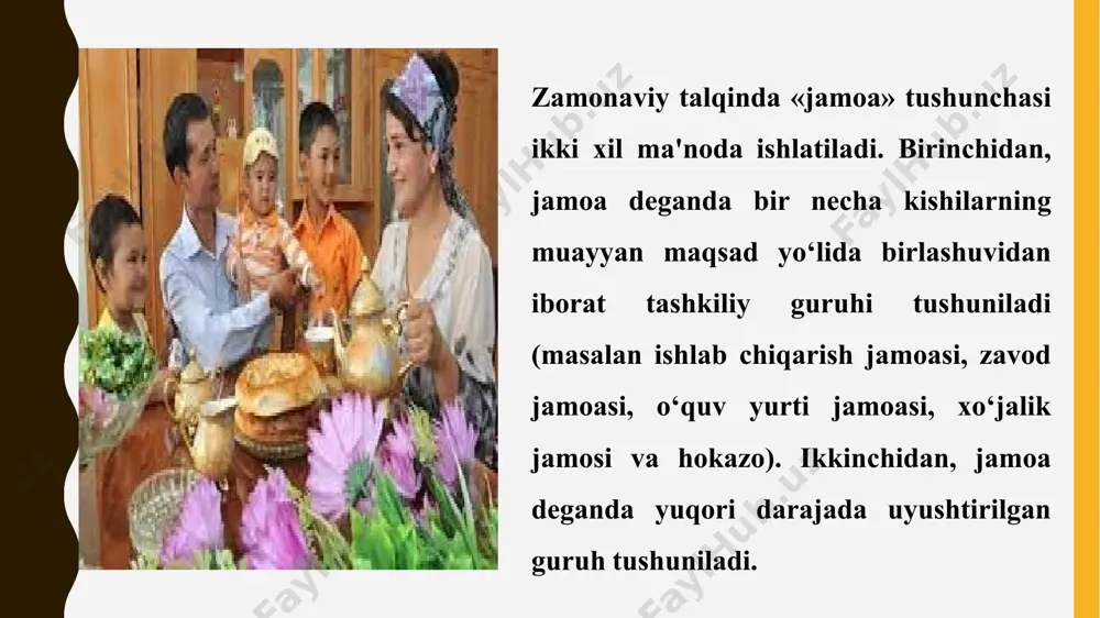 mumiy asoslari quyidagilardan iborat: 1. talablar qoʻyish; 2. faollarni tarbiyalash; 3. oʻquv-mehnat, ijtimoiy-siyosiy va ommaviy-madaniy faoliyatdagi istiqbollarini tashkil etish; 4. sogʻlom jamoatchilik fikrini shakllantirish; 5. ijobiy an’analarni yaratish va koʻpaytirish. yuqorida ta’riflangan barcha qoidalar har qanday jamoani shakllantirish va rivojlantirish uchun qoʻllanma hisoblanadi. tarbiya usullarini tanlashda ularni jamoaning rivojlanish darajasiga mosligi muvaffaqiyatning muhim sharti hisoblanadi. shuning uchun har bir oʻqituvchi tarbiyaviy ishni sinfdagi jamoa munosabatlarining rivojlanish darajasini aniqlashdan boshlaydi. 2.1. guruh rahbarining tarbiyaviy ishi. guruh rahbari deganda o'quvchilarni bir xil saviyada, bir xil yoshda, bilimi jihatidan ham teng bo'lgan jamoani boshqarib turuvchi pedagog guruh rahbari deb ataladi. guruh rahbarining asosiy maqsadi, o'quvchilarini to'g'ri tarbiyalash jarayonida o'quvchi va guruh rahbari bilan bir-birini tushuna olishi va guruh rahbari tomonidan o'quvchilarga e'tiborliroq bo'lishi kerak. e’tiboringiz uchun raxmat! image1.png image2.png image3.png image4.png image5.png image6.png