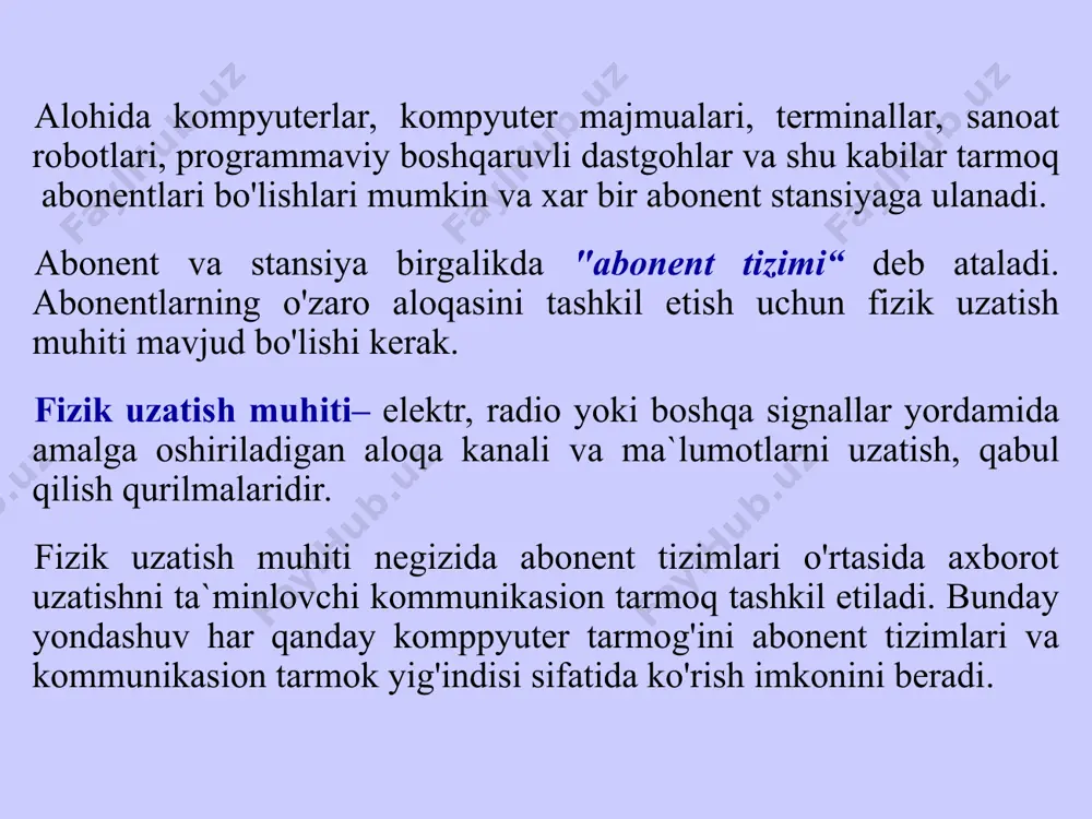 ‘lib, faqat tarmoq resurslaridan foydalanadi, ya`ni tarmoq unga xizmat qiladi. server–bu tarmoqqa xizmat ko’rsatuvchi (kompyuter yoki dastur) ob`ekt. yoki boshqacha aytganda server- bu tarmoqni abonenti bo‘lib, boshqa abonentlarga o‘zining resurslarini taqdim etadi, o‘zi esa boshqa abonentlarni resurslaridan foydalanmaydi, ya’ni faqat tarmoqga xizmat qiladi. “peer–to peer” (teng huqukli) tarmoqlar (одноранговые сети) bir rangli tarmoqlar, yani tarmoqdagi barcha kompyuterlar bir xil kirish va resurslar huquqiga ega. axborotlarni uzatish tezligi ma`lumotlarni uzatishning kichik tezligi– bunda ma`lumotlarni uzatish tezligi 10 dan 100 gacha kilobit bo’ladi; ma`lumotlarni uzatishning o’rtacha tezligi– bunda ma`lumotlarni uzatish tezligi, birdan bir necha o’nlab megabit diapazonda bo’ladi; ma`lumotlarni uzatishning yuqori tezligi– bunda ma`lumotlarni uzatish tezligi 100 dan yuqori megabit va gegabit diapazonda bo’ladi. aloqa, ulanish topologiyasi bo’yicha kompyuter tarmoqlari quyidagicha bo’lish mumkin: umumiy shina topologiyasi (bus– общая шина ); yulduz topologiyasi (star– звезда); halqa topologiyasi (ring– кольцо); daraxtsimon tuzulmali topologiya (tree– древовидной); aralash tuzulmali topologiya (mixed– смешанной). “umumiy shina” topologiyasi umumiy …