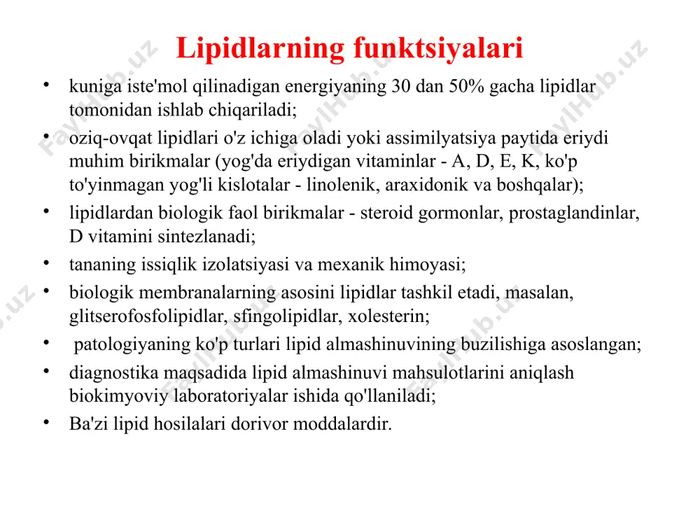 2 ta'sirida lizofosfolipid va yog' kislotasi hosil bo'ladi, keyin lizofosfolipaza (a1) harakat qiladi. трипсин fosfolipidlarning gidrolitik bo'linishi + холин oshqozon osti bezi shirasida lipaza bilan bir qatorda monogliserid izomeraza mavjud bo'lib, u monogliseridning ß(2)-pozitsiyasidan a(1)-holatiga asilning molekulyar o'tkazilishini katalizlaydi. keyin lipaz a-monoglitseridni yakuniy mahsulotlarga ajratadi. a-monoglitseridning kichikroq qismi lipaz ta'sirini chetlab o'tib, ingichka ichak devoriga singib ketadi. xolesterin esteraza xolesterin esterlarini parchalaydi. ichak shilliq qavati hujayralarida (entotsitlar) yog'larning qayta sintezi ingichka ichakning shilliq qavati oziq-ovqat taglarining hazm bo'lishi va so'rilishi oziq-ovqat tag большие липидные капли safro kislotalari emulsifikatsiya nozik emulsiya cor1 таг r2oc cor2 h2o pankreatik lipaz gidroliz он 2 – маг r2ос он yog 'kislotalari (rcooh) safro kislotalari yog 'kislotalari (rcooh) yog 'kislotalari (rcooh) но - он но - он yog 'kislotalari (rcooh) ingichka ichak safro kislotalari portal venadan qon желчные кислоты 2 – маг таг хиломикроны (хм) другие липиды 2rcooh 2rcoskoa ichak shilliq qavatining hujayralari - enterotsitlar хм …