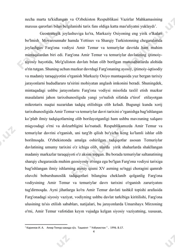 nografiyalar, risolalar endilikda nashr qılina boshladı. xususan yevropalik olimlar tomonidan amir temurga bag'ishlab yozilgan asarlarnı, maqolalarni bir xil tarzda qabul qila olmaymız. chunki, turli davr va sharoitlarda yozilgan asarlar mualliflarning dunyoqarashlariga, bilim saviyalariga ko'ra bir-biridan keskin farq qıladı. turli mamlakatlar olimları, tarixchilari, adibları yozgan asrlardır. bu guruhdagi kishilar ibn arabshoh, lui gonsales de klavixo, abdurazzoq samarqandiy, sharafiddin ali yazdiy, nizomiddin shomiy, xondamir, rashid-ad-din fazlullox xamadoni, mirza muhammad xaydar. rus tarixchilaridan esa m. ivanın, n. g. pavlov, n. i konrad, n. m. karamzin, s. m. solovyev, a. y. yakubovskiy, v. v. bartold va boshqalarning asarlarini kiritish mukin. hozirgi kunda esa yevropa davlatlarining deyarli har birida amir temur shaxsini o'rganuvchi olimlar jamiyatlari tashkil etilib kelinmoqda. bunday jamg'armalarning eng mashhurlaridan biri fransiyada lyusen keren mashhurlaridan bin fransiyada tomonidan tashkil etilgan. eng muhim manbalar asosini mustaqillik davridan so'ng o'zbekiston tarixchi olimlar jamiyati vakillari tomonidan o'rganishlar natijasida amir temur va temunylar davlati haqida juda ham …