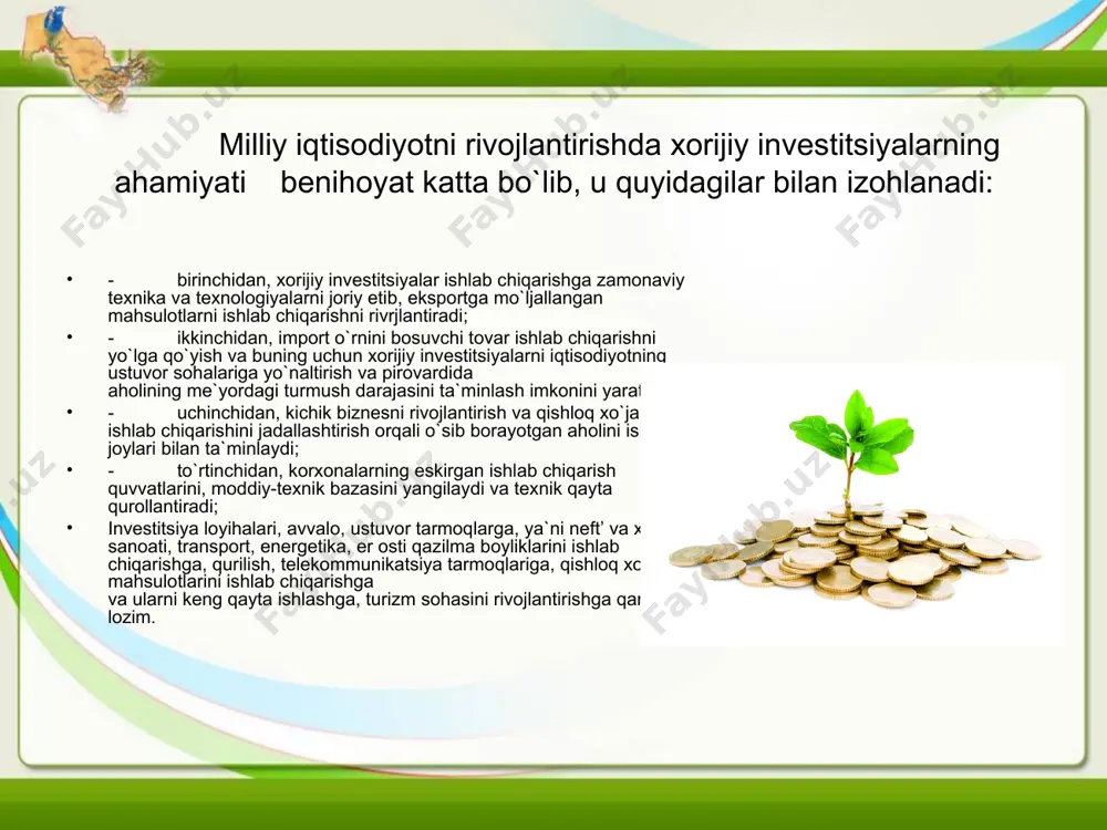 ichkarisida va uning tashqarisida turli ishlab chiqarishlarga va qimmatbaho qog`ozlarga (aktsiyalar, obligatsiyalar) qo`yilishi mumkin. investitsiyalar yalpi va sof investitsiyalarga ajratiladi. korxonalarning ichki investitsiyalash imkoniyatlarini pasayishi bilan bir vaqtda markazlashgan kapital qo`yilmalarning qisqarishi, ishlab chiqarishni tushib ketishiga, milliy mahsulot hajmini mutlaq kamayishiga olib keldi. investitsiya kiritishda, avvalo: - investitsiya faoliyati sub`ektlarning mustaqilligi va tashabbuskorligi; - kiritilayotgan moddiy ne`matlarga investitsiya maqomini berish (fuqaro o`zining ehtiyojlarini qondirish uchun olgan buyumlari investitsiya bo`la olmaydi); - qonun bilan belgilangan investitsiya faoliyatini amalga oshirish imkoniyati yaratilishi zarur bo`lib hisoblanadi. investitsiyalar – bu yangi korxonalar qurilishiga, mashina va asbob-uskunalar sotib olishga, ya`ni yangi kapitalni barpo etishga ketgan harajatlardir.investitsiyaga ketgan harajatning miqdori ikki omilga bog`liq: birinchisi – sof foydaning kutilayotgan me`yori, qaysiki uni tadbirkorlar investitsiyaga ketgan harajatlaridan olishni mo`ljallaydi; ikkinchisi – foiz stavkasi yoki tadbirkor real kapitalni sotib olishga zarur bo`lgan pulga ega bo`lishi uchun to`lashi lozim bo`lgan baho. agarda, kutilayotgan foyda me`yori foiz stavkasidan yuqori bo`lsa, investitsiyalash …