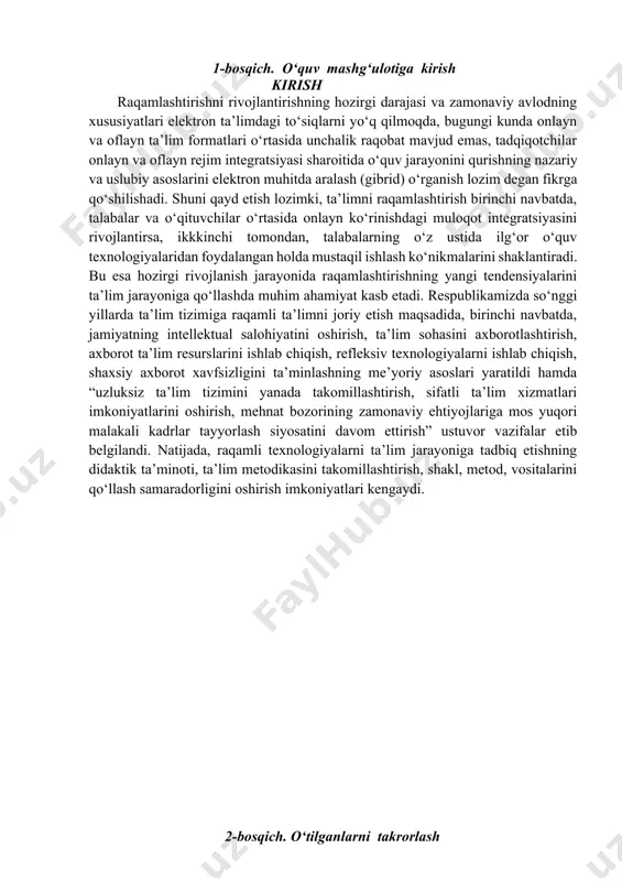 raqamli qurilmalar, interaktiv doskalar va o‘quvchilarga virtual munozaralar, viktorinalar va o‘yinlarda qatnashish imkonini beruvchi onlayn platformalar bilan jihozlangan. ushbu vositalar nafaqat o’rganishni qiziqarli qiladi, balki o’quvchilarga ma’lumotni yaxshiroq saqlashga yordam beradi va ularning tanqidiy fikrlash va muammolarni hal qilish ko‘nikmalarini oshiradi. 3.2 ta’lim olishda zarur dasturiy vositalar pedagogik dasturiy vositalar - kompyuter texnologiyalari yordamida o‘quv jarayonini qisman yoki to’liq avtomatlashtirish uchun mo’ljallangan didaktik vosita hisoblanadi. ular ta’lim jarayonini samaradorligini oshirishning istiqbolli shakllaridan biri hisoblanib, zamonaviy texnologiyalarning o’qitish vositasi sifatida ishlatiladi. pedagogik dasturiy vositalar tarkibiga: o’quv fani bo’yicha aniq didaktik maqsadlarga erishishga yo’naltirilgan dasturiy mahsulot (dasturlar majmuasi), texnik va metodik ta’minot, qo’shimcha yordamchi vositalar kiradi. pedagogik dasturiy vositalarni quyidagilarga ajratish mumkin: 1.o‘rgatuvchi dasturlar - o’quvchilarning bilim darajasi va qiziqishlaridan kelib chiqib yangi bilimlarni o’zlashtirishga yo‘naltiradi; 2.test dasturlari - egallangan bilim, malaka va ko’nikmalarni tekshirish yoki baholash maqsadlarida qo’llaniladi; 3.mashq qildiruvchi (trenejyor)lar - avval o’zlashtirilgan o’quv materialini takrorlash va mustahkamlashga xizmat qiladi; …