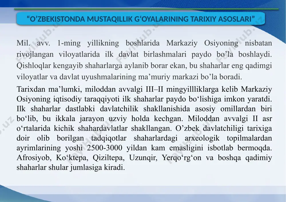 arb vazifalaridan sanalgan sovet ta’lim tizimini shakllantirish ishlari faol boshlab yuborildi. sovetlar o’zbekistonda yangi ta’lim tizimini yaratishga yo’l tutar ekan, bundan ko’zlagan asosiy maqsadlari o’lkada xalq ta’limi bo’g’inlarini ravnaq toptirish, yalpisiga xalq savodhonligiga erishish, ilm-ma’rifat chashmalaridan hammasini to’la bahramand etish emas, balki eng avvalo yurt farzandlari ongiga, shuuriga kommunistik g’oyalar va ideallarni chuqur singdirish va shu yo’l bilan o’zlariga quloq qoqmay xizmat qiladigan «mo’min-qobil» avlodni tarbiyalab voyaga yetkazish edi.sho’rolarning “madaniy inqilob” tadbiri jamiyatning barcha jabhalari qatorida ilm-fan, madaniyati, san’at maorif, oliy ta’lim sohalarini o’z izmiga solgan edi. ta’lim-tarbiyaning o’choqlari bo’lgan milliy maktablarga ham bu siyosat o’zining salbiy ta’sirini o’tkazmasdan qolmadi. sovet hokimiyatining dastlabki yillaridanoq an’anaviy ta’lim tizimini yo’q qilish avj oldirildi “o’zbekistonda mustaqillik g‘oyalarining tarixiy asoslari “o’zbekistonda mustaqillik g‘oyalarining tarixiy asoslari “o’zbekistonda mustaqillik g‘oyalarining tarixiy asoslari “o’zbekistonda mustaqillik g‘oyalarining tarixiy asoslari 1.ziyouz.com 2.natlib uz. 3.unilibrary uz. 4. lex.uz image3.png image4.jpeg image5.jpeg image6.jpeg image7.jpeg image8.jpeg image9.png image10.png image1.png /docprops/thumbnail.jpeg