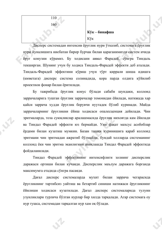 ациясини аниқлаш мумкин: бунинг учун синаладиган зол заррачаларининг ўлчамлари стандарт зол заррачаларининг ўлчамларига тенг бўлиши керак, бундан ташуари, бу формула ёрдамида синаладиган коллоид эритмадаги заррачаларининг ўлчамларини хам аниқлаш мумкин (бунинг учун синаладиган коллоид эритманинг концентрацияси стандарт солнинг концентрациясига тенг бўлиши керак). нефлометр бир хилдаги иккита цилиндрк шиша идишдан иборат бўлиб, уларнинг бирига стандарт зол, иккинчисига синаладиган зол тўлдирилади. иккита идиш ён томондан ёруғлик манбаи билан ёритилади. бу вақтда иккала идишда хам тиндал эффекти вужудга келади. золлардан ёйилган нур асбобининг тепа қисмидаги окулярга тушади. синаладиган золнинг концентрацияси стандарт зол концентрациясига тенг бўлмаса иккала золдан ёйилган ёруғликнинг интенсифлиги турлича: скаллярдан куринадиган иккита ярим доиранинг бири ёруғроқ ва иккинчиси қоронғироқ бўлади. золдан ёйилган ёруғликнинг интенсифлиги золнинг концентрациясига пропоционар бўлгани учун синаладиган золга ва стандарт тушган нурлар бир хил сондаги заррачалардан ёйилганидагина окулярдаги иккала ярим доира бир хилда ёритилади. цилиндрик шиша идишларидан бирини юқорига кўтариб ёки пастга тушириш орқали идишдагилардаги золларнинг ёритилаётган баландликларини ўзгартириб, …