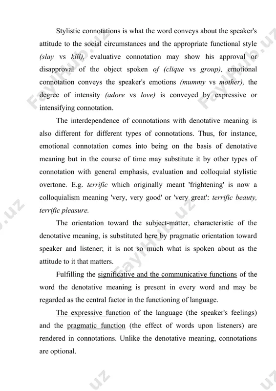 constitute its semantic structure. frequency - combinability - polysemy are closely connected. a special formula known as "zipf's law" has been worked out to express the correlation between frequency, word length and polysemy: the shorter the word, the higher its frequency of use; the higher the frequency, the wider its combinability , i.e. the more word combinations it enters; the wider its combinability, the more meanings are realised in these contexts. the word in one of its meanings is termed a lexico-semantic variant of this word. for example the word table has at least 9 lexico-semantic variants: 1 a piece of furniture 2. the persons seated at table 3. the food put on a table 4. a thin flat piece of stone, metal, wood 5. a slab of stone 6. plateau, extensive area of high land 7. an orderly arrangement of facts, etc. the problem in polysemy is that of …