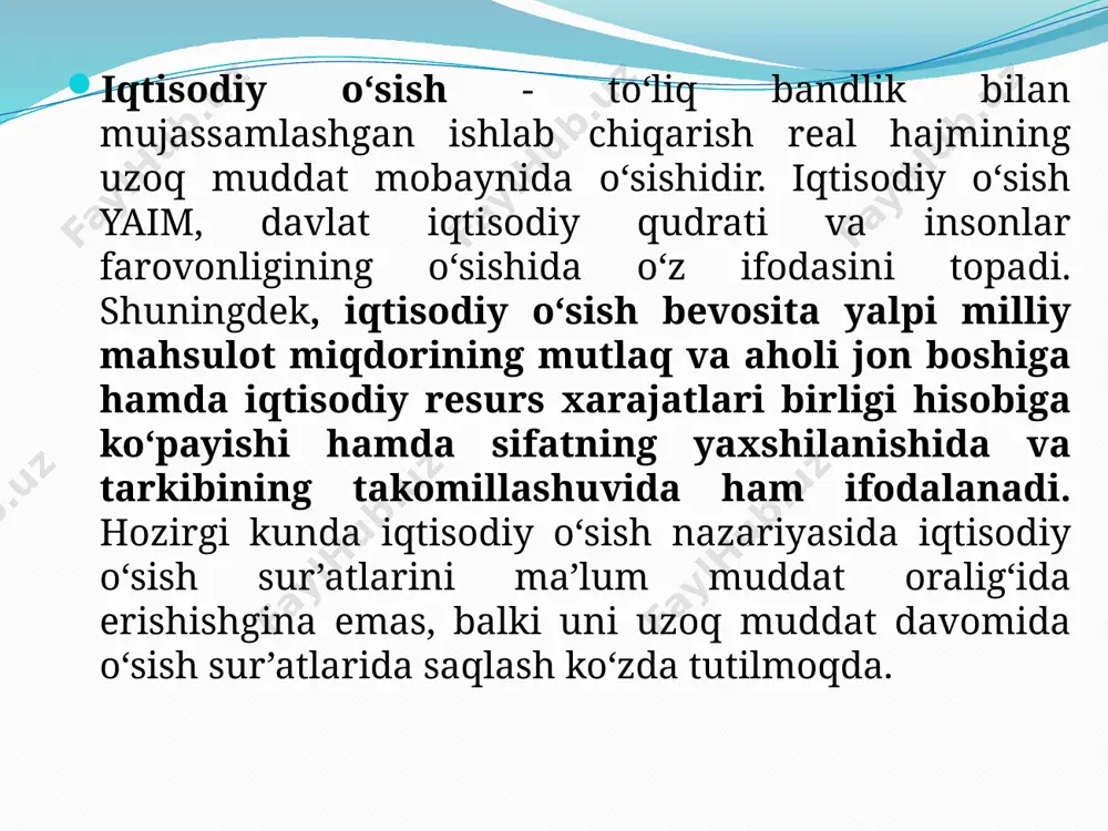 sa aholi 8 mlrd.ni tashkil etishi mo‘ljallangan edi amerikalik iqtisodchi e. meddison eramizning 500-yilidan boshlab iqtisodiy o‘sish tarixini o‘rganar ekan, qiziqarli natijalarga keldi. so‘nggi, bir yarim yil oralig‘ida bir kishi uchun yetarli bo‘lgan mahsulot chiqarish o‘sishi va aholi o‘sishi orasidagi aniq bog‘liqlik bo‘lgan doiradagi 4 davr ko‘rsatiladi. davr aholi o‘sishi aholi ehtiyojida mahsulot ishlab chiqarish hajmining o‘sishi agrarianizm (500-1500-y.) 0,1 0,0 rivojlangan agrarianizm (1500-1700-yillar) 0,2 0,1 savdo kapitalizmi (1700- 1800-yillar) 0,4 0,2 zamonaviy kapitalizm (1820- 1980) 0,9 1,6 amerikalik yana bir tadqiqotchi, iqtisodiy o‘sishni tushuntirishga miqdoriy yondashuv asoschisi s. kuznets angliya, germaniya, aqsh kabi mamlakatlardagi iqtisodiy o‘sish sur’atlari tezligi sanoat burilishi va kapitalizmning yetakchi iqtisodiy tizimga aylangan davri bilan bog‘liq deb hisoblaydi. kapitalizm mohiyatan, kapitalistik rivojlanish yo‘lida turgan mamlakatlar iqtisodiy o‘sishida o‘zakli o‘zgarish bilan ta’minlaydigan birinchi iqtisodiy tizim bo‘lib qoldi. yangi industrial mamlakatlar (yaim) iqtisodiy yutug‘i sabablari nimada? bu savolga javob berish uchun xalqaro bank tomonidan uch guruh omillari ta’sirini …