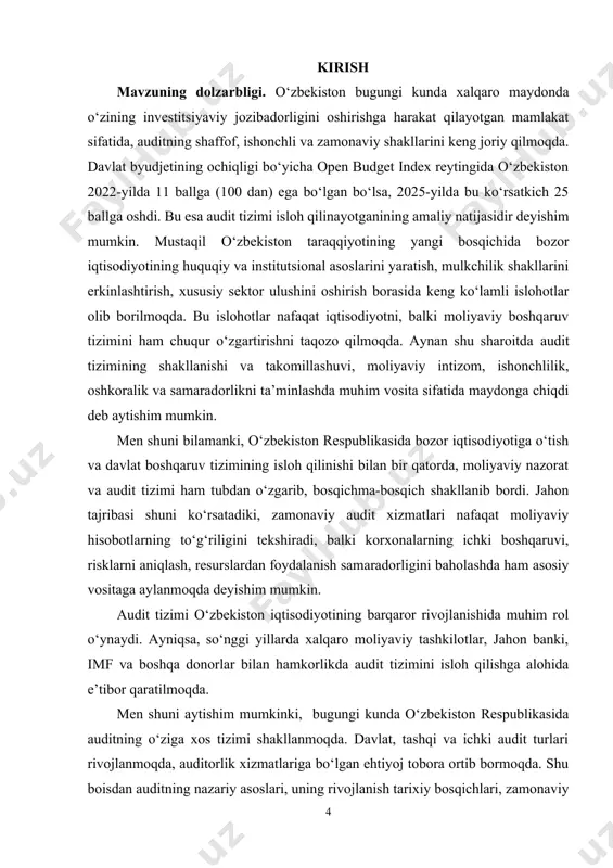 yadi, yashirin daromadlar aniqlanadi; -xavflarni boshqarish – auditorlar tomonidan aniqlangan moliyaviy va operatsion xatolar tuzatiladi; -korxonalarda ichki boshqaruvning mustahkamlanishi – auditorlik tekshiruvi orqali ichki nazorat tizimi takomillashadi. auditning funksional vazifalari auditorlik faoliyatining funksional yo‘nalishlari quyidagilardan iborat: 1. tekshiruv (verifikatsiya) – moliyaviy hisobotlarning haqqoniyligini aniqlash 2. tahlil (analitika) – tashkilotning moliyaviy holatini baholash, likvidlik va rentabellik ko‘rsatkichlarini tahlil qilish; 3. tavsiyalar berish – moliyaviy boshqaruvni yaxshilash bo‘yicha auditorlik xulosalari; 4. axborot ta’minoti – foydalanuvchilar uchun sifatli moliyaviy axborotlar taqdim etish; 5. huquqiy-normativ muvofiqlikni baholash – qonunchilikka muvofiqlik darajasini tekshirish. auditning ishtirokchilari va manfaatdor tomonlari 1.1-jadval audit faoliyatining manfaatdor tomonlarga ta’siri[footnoteref:1] [1: muallif tomonidan tuzildi. ] manfaatdor tomon auditdan kutgan natijasi davlat organlari soliqqa tortish va byudjet intizomini ta’minlash investorlar investitsiya xavflarini baholash, ishonchli hisobot olish banklar kredit qarorlarini asoslash korxona rahbariyati ichki boshqaruvni kuchaytirish auditorlar mustaqil va xolis xulosa berish o‘zbekiston sharoitida auditning ahamiyati o‘zbekiston respublikasi prezidenti tomonidan olib borilayotgan iqtisodiy …