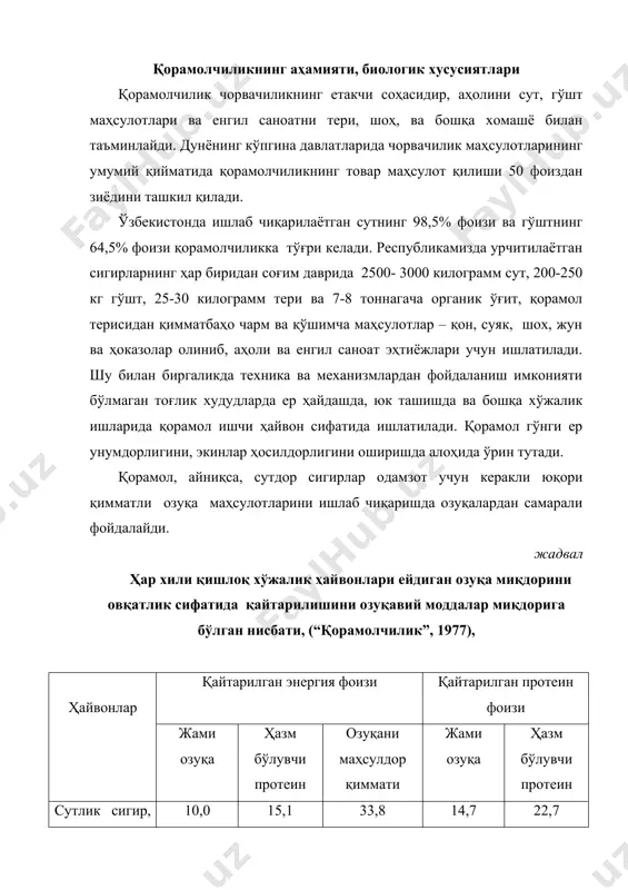 . у азотли оқсилсиз моддаларни (карбамид, айрим аммоний бирикмалар), ҳайвонот оқсилларига айлантириш мумкинлигини ҳам келтириш муҳимдир. бундай моддалар билан қорамолни протеинга бўлган эҳтиёжини қоплаш мумкин. қорамолнинг бу барча хўжалик ва биологик хусусиятлари қорамолчиликни чорвачилик соҳаси сифатида тез ривож топишини таъминлайди. қорамолнинг биологик хусусиятлари қорамол хонакилаштирилгач, унинг биологик хусусиятлари, маҳсулдорлиги, тирик вазни, конституцияси ва экстерьери тубдан ўзгарди. танлаш ва саралаш натижасида унинг сут ва гўшт маҳсулдорлиги ошди, у тез етилувчан бўлиб, серпуштлиги ҳам ошди. нерв системасида кўпгина ўзгаришлар рўй берди. мол қўлда боқишга ўрганди. бунда сут берувчи сигирларнинг елин шакли ўзгариб, унинг хажми катталашди, сут бези яхши ривожланади, у кўп сут берадиган бўлди. ёввойи ҳолатда фақат ўзининг бузоқига етадиган 2-3 кг сут берувчи сигир эндиликда озиқлантириш ва асраш тадбирларининг яхшиланиши натижасида кунига 20-30 ва ундан ҳам кўп сут берадиган бўлди ва бу хусусиятлар наслдан- наслга ҳам ўтадиган бўлди. моллардан насл олишда катта ўзгаришлар рўй берди. илгари сигир фақат баҳор ойлари туғадиган …