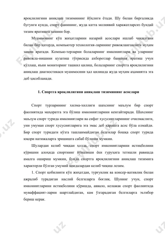 келиб чиқиб, ёш спортчининг фаолиятини баҳолаш чоғида юқори натижалар савиясига алоҳида эътибор билан қараш керак. 3. спорт қобилиятларини аниқлашда консерватив нас-лий белгиларни ўрганиш, машғулотлар таъсирида тубдан ўзгариши мумкин бўлган кўрсаткичларни аниқлаш учун зарур. бунда аниқликни ошириш учун ҳам кўрсаткичларнинг ўсиш тезлигини, ҳам уларнинг бошланғич даражасини эътиборда тутиш лозим. 4. баъзи функция ва сифат хусусиятларининг ривожла-ниши гетерохронлиги муносабати билан турли ёш давр-ларида спортчиларнинг қобилиятларини намоён бўлиш структурасида маълум фарқлар мавжуд. айниқса, бу фарқлар юқори спорт натижаларига бола ва ўсмирлик ёшидаёқ эришиладиган техник мушкул спорт турлари билан шуғулланаётган болаларда ёрқин кўринади ва спортчи тайёргарлигининг барча – бошловчидан то халқаро тоифа-даги спорт устасигача бўлган даври ёш спортчи шаклланиши-нинг мушкул жараёнлари муҳитида юз беради. 2 спортга яроқлилигини аниқлашнинг даврлари ва босқичлари спортга яроқлилигини аниқлашнинг икки даври бор: биринчиси болалар ва ўсмирларни танлаган спорт турлари билан шуғулланиш учун саралов ҳамда янада спорт такомиллашуви учун (масалан, спорт мактабларига, олимпиада тайёргарлиги марказларига): иккинчи давр –масъулиятли спорт беллашувларида …