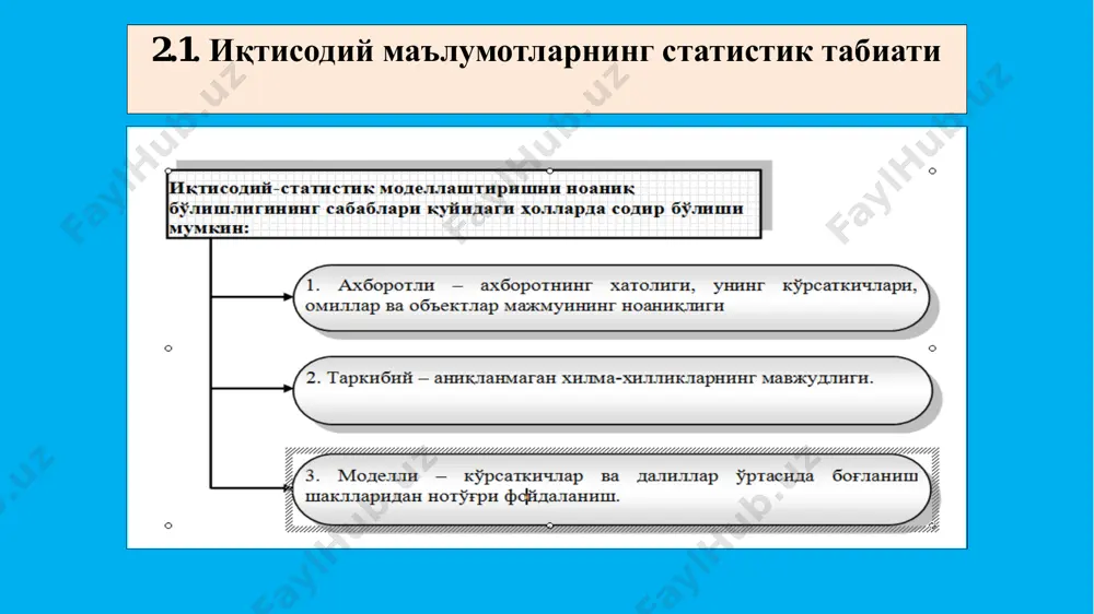 еляцион боғланиш ёки муносабат дейилади. агар тўплам ҳажми катта бўлса, белги x ва y ларнинг жуфт қийматлари ва ҳам кўп бўлади ва улардан айримлари тез-тез такрорланиши мумкин. бу ҳолда корреляцион боғланиш комбинацион жадвал (корреляция тўри) шаклида тасвирланади. боғланишлар тўғри чизиқли ва эгри чизиқли бўлади. корреляцион муносабатда эркин ўзгарувчи x белгининг ҳар бир қийматига ( ) эрксиз ўзгарувчи y белгининг ( ) тақсимоти мос келади. k...1i x i  1..sj jy    k i iix хaay 1 0 кўринишда бўлса, чизиқли боғланиш ёки хусусий ҳолда, омил битта бўлганда y=а0+а1х тўғри чизиқли боғланиш дейилади 2.3. эконометрик моделларни тузишда қатнашадиган иқтисодий маълумотларга қўйиладиган талаблар. динамик модел вақтнинг изчил оралиқ тизими ҳолатини акс эттиради. ўзгарувчан характерга кўра, бошланғич иқтисодий ишлаб чиқариш омиллари ёки аралаш омилларни ўз ичига олган моделларни кўрсатиш мумкин. статик моделлар ўзида вақтнинг айрим, қайд қилинган оралиғини қамраб олади. иқтисодий жараёнлар динамикасини акс эттириш моҳиятига кўра, статик ва динамик моделлар …