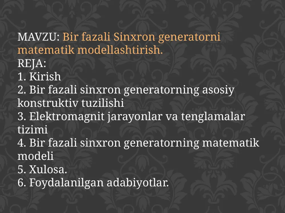 asosiy farqi — faqat bitta fazali o‘ramga ega bo‘lishidadir. bu turdagi generatorlar kichik quvvatli bo‘lib, asosan 0.5–20 kva quvvat oralig‘ida bo‘ladi. ularning soddaligi va ixchamligi ularni ko‘chma qurilmalarda, maishiy ehtiyojlarda va eksperimental tadqiqotlarda foydali qiladi. asosiy tarkibiy qismlar: 1. statik qism (stator): • elektr energiyasini ishlab chiqaruvchi asosiy qism. • magnit maydon ta’sirida emk (elektromotor kuchlanishi )hosil qiluvchi o‘ramlar joylashtiriladi. • laminatsiyalangan po‘lat yadrodan tashkil topgan bo‘lib, issiqlik chiqishini kamaytiradi. 2. harakatlanuvchi qism (rotor): • magnit maydonni hosil qiluvchi qism. • qo‘zg‘almas magnitlar yoki o‘tkazgichli qo‘zg‘atuvchi o‘ramlardan tashkil topgan bo‘ladi. • mexanik harakat (masalan, ichki yonuv dvigateli yoki turbina) orqali aylantiriladi. 3. podshipniklar (podshipnikli tayanchlar): • rotorni o‘q bo‘ylab silliq aylantirishni ta’minlaydi. 4. rama va ventilyatsiya tizimi: • generatorni mustahkam tutish va sovutishni ta’minlash uchun xizmat qiladi. sinxron generatorlar, ishlash prinsipi, qurilish, xarakteristikasi chap tomondagi rasm (sinxron generator): kontakt halqalar cho'tka ushlagichlari to'liq o'ramli g'altak to'liq uchlik (yakun qismi) stator …