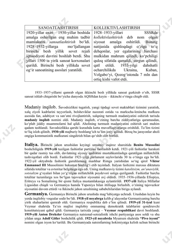 holatidan olib chiqish uchun bolsheviklar “harbiy kommunizm” siyosatidan voz kechib, yangi iqtisodiy siyosat (yis) deb nom olgan kursga oʻtishga majbur boʻldi. yisning mohiyati bozor iqtisodiyotini qisman tiklash, uni iqtisodiy manfaatdorlik va xoʻjalik hisobi asosida rivojlantirishdan iborat edi. yis xususiy tadbirkorlikni ragʻbatlantirdi, iqtisodning oʻsishiga koʻmaklashdi. yis mamlakat xalq xoʻjaligini tiklash, ishlab chiqarish va savdoni yoʻlga qoʻyish, ogʻir iqtisodiy holatdan chiqib olish imkonini berdi. ammo yis sssrda bozor munosabatlarining oʻrnatilishiga olib kelmadi. 1920-yillarning o‘rtalaridan asta-sekin yisni bekor qilish boshlandi. sanoatlashtirish kollektivlashtirish 1920-yillar oxiri – 1930-yillar boshida amalga oshirilgan eng muhim tadbir mamlakatni sanoatlashtirish boʻldi. 1928–1932-yillarga moʻljallangan birinchi besh yillik sovet rejali iqtisodiyoti davrini boshlab berdi. shu yillari 1500 ta yirik sanoat korxonalari qurildi. birinchi besh yillikda sovet ogʻir sanoatining asoslari yaratildi. 1928–1933-yillari sssrda kollektivlashtirish deb nom olgan siyosat amalga oshirildi. buning natijasida qishloqdagi oʻziga toʻq dehqonlar, yer egalarining barchasi mulkidan mahrum qilindi, koʻpchiligi quloq sifatida qamaldi, surgun qilindi, qatl etildi. 1933-yilgi dahshatli …