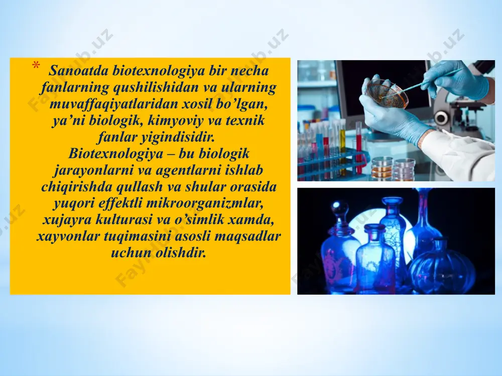 mikrobiolog hamma javoblar togri 2. 1953-yilda senger nimani aniqlagan? oqsil tuzilishi aminikislota gormon dnk 3. kimlar dnk ni 2 zanjirli degan? a)uotson b)krik c)gryu d)a va b 4. qachon oqsilning birlamchi strukturasi aniqlangan? 1878 1978 1983 1987 5. 20-asrda nechta birlamchi oqsil aniq bolgan? a)400 b)500 c)600 d)700 6. kommerchskiy priborlar kim tomonidan yaratilgan? merrif uotson guk senger 7. molekulyar biotexnologiya qachon rivojlana boshlagan? a)60-yillar b)70-yillar c)80-yillar d)90- yillar 8. uzbekistonda biotexnologiyaga oid qanday institut mavjud? a)biokimyo instituti b) bioorganik kimyo c)kimyo-texnologiya d) mikrobiologiya 9.biorganik kimyo institutida kashf etilgan 1-tabiiy biologik faol modda ? a)gossipol b)timotin c)lagoden d)polinil 10.virusga qarshi gossipol necha foizli boladi? a)1 b)2 c)3 d)4 image1.jpeg image2.gif image3.jpeg image4.jpeg image5.jpeg image6.jpeg