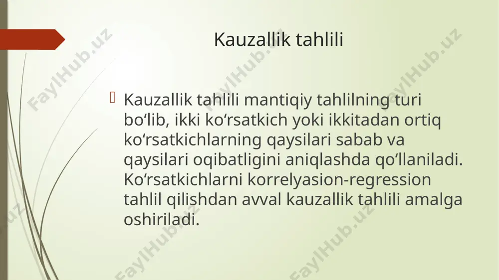 orrelyasion tahlil. ikki ko‘rsatkichdan qaysi biri bog‘liq va qaysi biri bog‘liqsizlini aniqlaganimizdan so‘ng, ular orasidagi o‘zgarishlar o‘xshashligi darajasini aniqlashga o‘tamiz. ya’ni kauzal tahlildan so‘ng, korrelyasion tahlil boshlanadi. keyinchalik korrelyasiya deganimizda tanlanmali korrelyasiyani nazarda tutamiz. hisob-kitoblarni amalga oshirishdan oldin grafik yordamida tanlanmali korrelyasion tahlil qilsak bo‘ladi. nuqtali diagramma (scatter plot) - ikkita ko‘rsatkich orasidagi korrelyasiya xarakteri haqida dastlabki xulosa chiqarishga yordam beradi. ushbu diagrammani o‘rganish asosida quyidagi savollarga javob topamiz: ko‘rsatkichlar orasida korrelyasiya bormi? agar ko‘rsatkichlar orasida korrelyasiya bo‘lsa, u holda u chiziqlimi yoki chiziqsizmi? agar chiziqli korrelyasiya bo‘lsa, u holda u manfiymi yoki musbatmi? agar chiziqli korrelyasiya bo‘lsa, u holda u kuchlimi yoki kuchsizmi? nuqtalar orasida g‘ayritabiiylari bormi? agar g‘ayritabiiy nuqtalar bo‘lsa va ularning olib tashlanishi ma’lumot etarligi darajasiga ta’sir etmasa, u holda birinchi to‘rtta savolga javoblar qanaqa bo‘ladi? tanlanma ma’lumotlarni regression tahlil qilish. biz mazkur bobda ko‘p omilli regression tahlilni amalga oshirish usulini ko‘rsatib o‘tamiz. regression tahlilni amalga oshirishda …