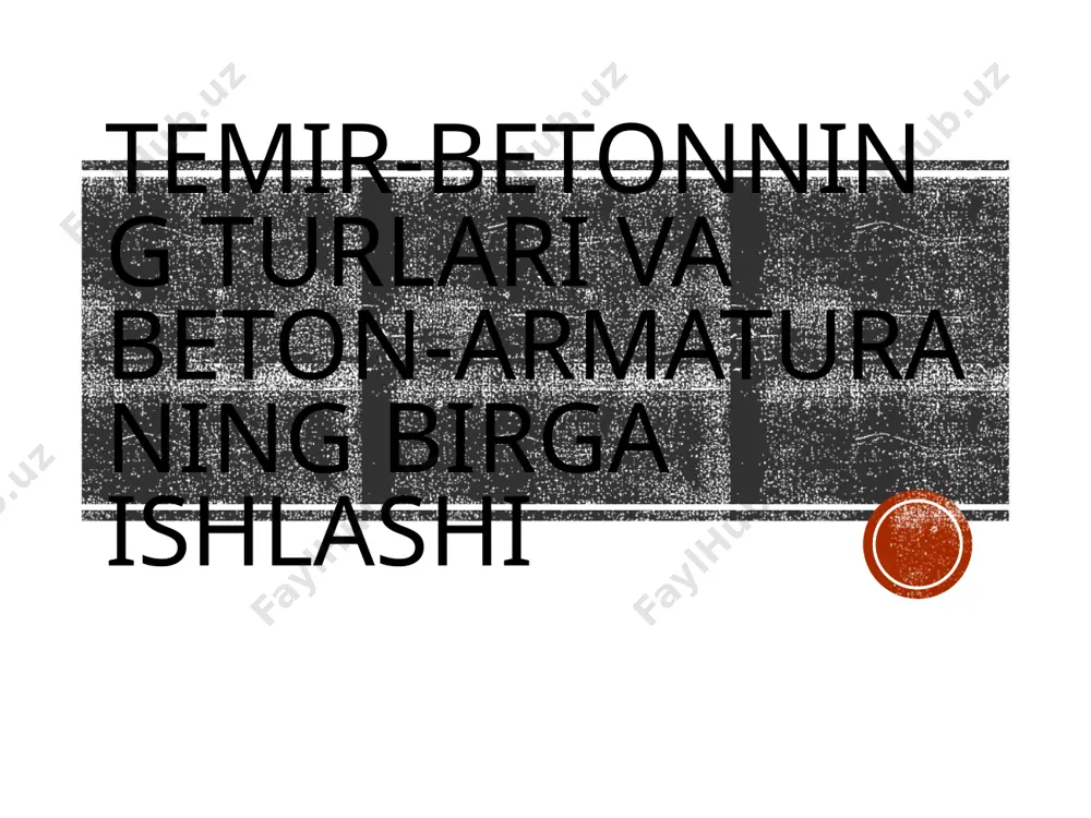 a (po‘lat) cho‘zilish (tensile) kuchlariga chidamli — shu sabab birga ishlaydi. birga ishlash printsipi: strain compatibility — beton va po‘lat bir xil deformatsiyaga ega deb olinadi. netral chiziq (neutral axis) va moment taqsimoti: beton bosim, armatura momentni qabul qiladi. mustahkamlash joyi: beton qoplamasi (cover) va to‘g‘ri joylashtirish juda muhim. bog‘lanish, armatura turlari va muammolar armatura turlari: deformed bars (zig'irli), plain bars, welded mesh, tendons (prestress). bog‘lanish mexanizmi: kimyoviy yopishish + mexanik o‘zaro qirqilish (interlock) + ishqalanish. rivojlangan muammolar: ankorsuz uzunlik, lap splice talablar, betonning quruq yoki namligi. korroziya natijasida bog‘lanish va mustahkamlik pasayadi — himoya va qoplamani nazorat qilish kerak. e'lon: betonda yoriq paydo bo‘lsa, armatura kuchni bir zumda bo‘lishi mumkin — yorilish nazorati. loyihalash, detallashtirish va hisoblash asoslari limiting design: limit state (ultimate) va serviceability (chiquvchi xizmat sharti) yondashuvi. moment va kesish (shear) hisoblari, defleksiya, yorilish va minimum armatura talablari. detallashtirish: armat. joylashuvi, bükük (hook) va ankorshunk, stirrups (piyozlar), …