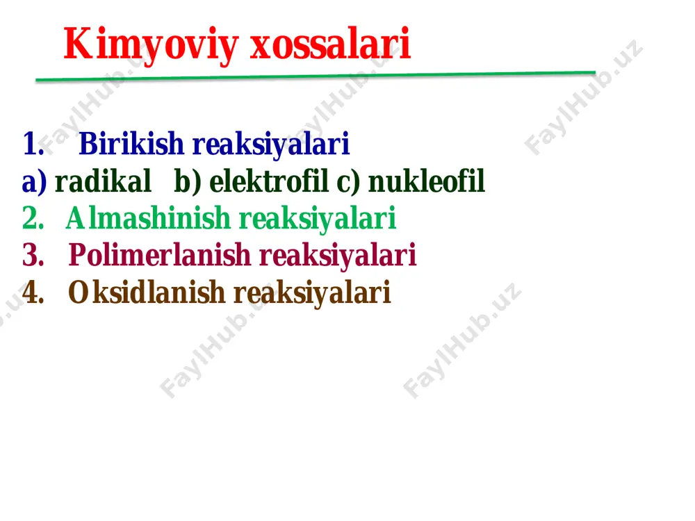b- ch2 ch c o h iii. radikal birikish reaksiyalari (ar) erkin radikallar uch bog„ga juda oson yangi erkin radikalning hosil bo„lishi bilan birikadi. u yana erkin radikal mexanizmida boradigan reaksiyani davom ettiradi. c cr r c c r x r c c r xx r + x + x-x + x br br 2br c cr r c c r br r c c r brbr r + br + br-br + br tollens reaktivi – terminal alkinlarga sifat reaksiyasi chr ag(nh3)2oh hc c ag [cu+] hc c cu 11 1. сн-kislotalik (аsetilinidlar) hc ch nanh2 -nh3 hc c na ch3mgi hc c mgi hc ch naoh+ hc c na + h2o кислотность: ch4 rbr > rcl r1x c ch h r c chr hx r c ch2 vinil kationi x- c ch2 x r elektrofil birikish reaksiyalari kichik barqarorlikga ega venil kationi – barqarorligini kamaytiruvchi omillar 57 r …