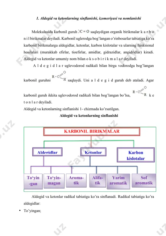 aldegidlar laboratoriyada birlamchi spirtlarni oksidlab olinadi. oksidlovchi sifatida mis (ii)-oksid olinadi. ikkilamchi spirtlar oksidlanganda ketonlar hosil bo’ladi: r−ch2−oh + (o) → r −cho + h2o r− choh−r1 + (o) → r−co−r1 + h2o 2. alkinlarning gidratlash. atsetilen va uning gomologlarining gidratlanishidan aldegid va ketonlar hosil bo’ladi (kucherov reaksiyasi): ch≡ch + hoh→ [ch2=choh] →ch3−cho ch3−c≡ch +hoh→ch3−coh=ch2→ch3−co−ch3 3. digaloidlarni gidrolizlash. ikkita galoid atomi bir uglerod atomida joylashgan rhcl2 turdagi galoidlarni gidroliz qilib aldegidlar, r-ccl2-r1 dan esa ketonlar olinadi: r−chcl2 +2hoh → r−ch(oh)2→ r−cho - 2hcl -hoh r−ccl2−r1 + 2hoh → r−c(oh)2−r1→r−co−r1 -2hcl -hoh 4. karbon kislota tuzlarining pivazifasizi. kabon kislotalarning ba, ca va mn li tuzlarining «quruq haydash» (pivazifasizi) orqali aldegid va ketonlar olinadi: r−coo−ca−o−co−r1→ r−co−r1 + caco3 alkenlarni oksidlab ham aldegid va ketonlar olinadi. 3. fizik va kimyoviy xossalari. nukleofil birikish reaksiyalari to’yingan aldegid va ketonlarning umumiy formulasi cnh2no. aldegid va ketonlar molekulasida karbonil guruh mavjudligi ularning fizik va kimyoviy xossalarini …