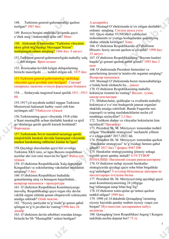 ний 86. “musiqa kitobi” asarining muallifi kim? фаробий 87. mahmud zamaxshariy …. deb ulug'lanadi. хоразм фахри, жоруллох, араб ва ғайриараблар фахри 88. “devonu lug'atit-turk” asarining muallifi kim? махмуд қошғарий 89.fiqh fani bu ….ислом ҳуқуқи 90. tasavvuf namoyondalaridan qaysi biri tarkidunyochilik g'oyasini ilgari surgan? ахмад яссавий 91. 1218-yilda xorazmshoh chingizxon elchilarini qayerda qabul qildi? бухорода 92. “yo vatan, yo sharofatli o'lim” - xitobi kimga tegishli? нажмиддин кубро 93. mo'g'ullar davrida hunarmandlar va savdogarlardan ….. solig'i olingan. тарғу 94. mahmud torobiy qo'zg'oloni qachon va qayerda bo'lib o'tdi? 1238 йил бухоронинг тароб қишлоғи 95. to'rabekxonim maqbarasi qayerda joylashgan? кўхна урганчда 96. bayonqulixon maqbarasi qayerda joylashgan? бухорода 97.mulki inju bu ….хукмдор ва ноибларга тегишли ер. 98..sarbadorar harakati bostirilgach movarounnahrda …… hukrmonligi o’rnatildi. амир хусайн 99. amir temur qachon markazlashgan davlatga asos soldi? 14 асрнинг 70-80 йилларида (1370 й) 100.amir temur davlatida o`n minglik qo'shin boshlig'i nima deb atalgan? туман оғаси 101. askariy qismlarni viloyatlardan …