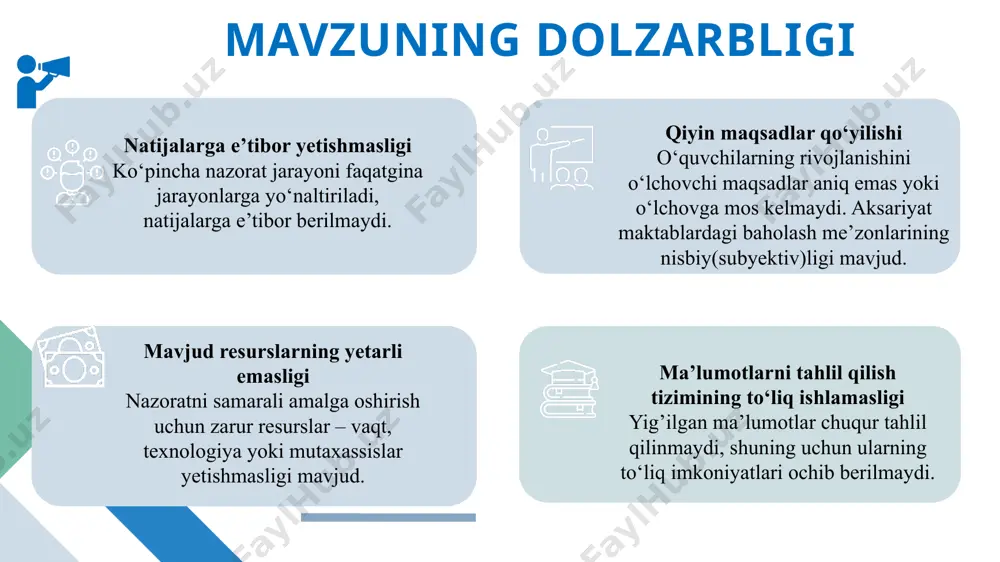 280-betlar maqsad va vazifalar maqsad vazifa maktablarda natijaga yo‘naltirilgan nazorat tizimining samaradorligini oshirish bo‘yicha taklif va tavsiyalar ishlab chiqish aniq konstruktiv strategiya ishlab chiqish; xalqaro talis tadqiqoti andazasidagi so‘rovnomalar o‘tkazib, mavjud bo‘shliqlarni aniqlash, baholash tizimini qabul qilish; zarur resurslar bilan ta’minlash, xodimlarga motivatsiya berib borish; faoliyat tahlili va samaradorlikni baholash hamda natijasi bo’yicha ma’lumotlar bazasini yaratish; maktab muvaffaqiyati haqida jamoatchilikka ma’lumotlarni taqdim etib, ularni xabardor qilib borish 5 singapurdagi maktablarda o‘qituvchilar va o‘quvchilarning muvaffaqiyati aniq natijalar orqali o‘lchanadi. "performance management system" tizimi orqali o‘qituvchilarning natijadorligi va kasbiy rivojlanishi tahlil qilinadi. hukumat maktablarga moliyaviy va metodik yordamni natijalar asosida ajratadi. "school excellence model" tizimi bo‘yicha maktablar o‘z strategiyasini ishlab chiqishiga imkon bersa, "principal autonomy" dasturi maktab direktorlariga boshqaruvda katta vakolatlar bergan. "accountability framework" bo‘yicha maktablar yillik hisobot tayyorlaydi. janubiy koreya – bu mamlakatda ta’lim tizimi davlat tomonidan juda qat’iy nazorat qilinadi va natijalarga asoslangan baholash tizimi mavjud. o‘quvchilar milliy imtihonlardan o‘tadi, …