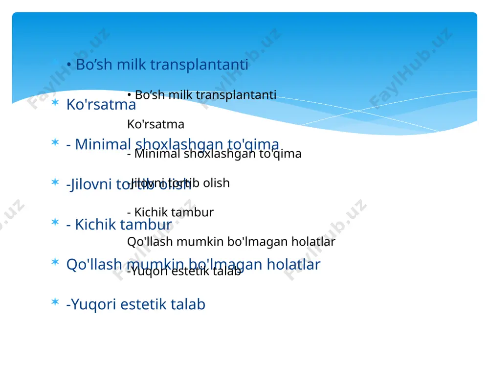 ya greben nuqsonlarining tasnifi -gorizontal / vertikal jihatlarda grebenning mavjud hajmiga qarab zibert (1983) klassifikatsiyasi -sinf i → grebenning normal balandligidagi bukkolingual yo'qotish -sinf ii → grebenning normal kengligi bilan apikokoronal yo'qotish -sinf iii → bukkolingual va apikokoronal yo'qotish allen (1985) klassifikatsiya - zaif → 6mm operatsiya (jarrohlik) - grebenning mustahkamlanishi faqat yumshoq to'qimalar bilan amalga oshiriladi - suyak ko'paytirilmasdan - operatsiyani bashorat qilish qusur darajasiga bog'liq - barqarorlash uchun transplantantlar asosan 6 hafta va 3 oydan keyin siqiladi - donor to'qimasini olishda bu qisqarishni hisobga olish rasm. operatsiya bosqichlari jarayon qo’shimcha transplantant bilan grebenni kattalashtirish subepitelial keratinlashtirilgan transplantant grebenini kattalashtirish ustunlik -grebenning vertikal o’lchami kattalashdi - ktning oshishi -transplantantning vaskulyar oshishi - tanglaydagi mayda yara - ranglarni moslashishi kamchiliklari -bir nechta operatsiyalarni talab qilishi mumkin -transplantant uchun qon ta'minoti kamayadi -rang mos kelmasligi - operatsiyadan keyingi og'riqni kuchayishi -texnik jihatdan qiyinligi - alveolyar greben balandligining kamroq oshishi ildizning yopilishi …