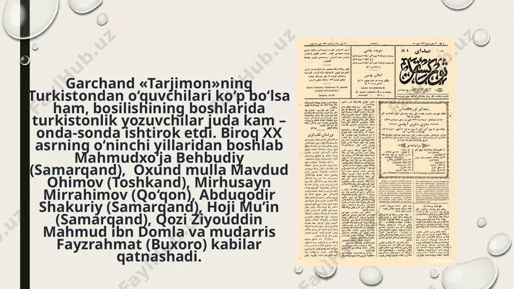 vzularga aralashmayman, deb rasmiylarga so‘z bergan edi. ammo gazetaning keyingi sonlarida siyosat bilan bog‘liq masalalar ham ko‘tariladi. jadidlarning ko‘zga ko‘ringan namoyandalaridan biri munavvarqori abdurashidxonov «bizning jaholat – jahli murakkab» sarlavhali maqolasida xalq orasidagi bid'at, xurofot odatlari tanazzulga xizmat qilayotganini ta'kidlaydi. ammo gazeta ko‘p yashamaydi – turli chaquv va bo‘htonlar oqibatida, 20ta soni chiqqach yopiladi, muharrir esa qamoqqa olinadi. shu yilning dekabr oyida munavvarqori abdurashidxonov «xurshid», abdulla avloniy «shuhrat», ahmadjon bektemirov «osiyo» gazetalarini tashkil etib, yo‘lga qo‘yishadi. ammo ularning barchasi 5-6ta soni chiqqach, faoliyati to‘xtatilgan. gazetalar saqlanib qolmagan. jadid gazetalarida ko‘tariladigan asosiy mavzu – maorif targ‘iboti edi. turkistonda o‘sha paytgacha ham eski maktablar faoliyat ko‘rsatgan, yoshlarga ilm berilgan bo‘lsa-da, ta'lim darajasi o‘qituvchining saviyasi va bilim doirasi bilan cheklanib qolardi. aniq dastur va nizom asosida ish ko‘rilmas, bitta sinfda endi harf taniyotgan bola ham, «haftiyak»ni tugatgan bola ham o‘tirar, bilimlar takrorlanmasligi tufayli tez unutilardi. shu bois, jadid maktablari yangi najot yo‘li deb …