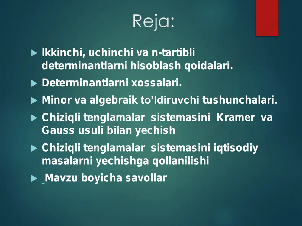 a22 a33 +a12 a23 a31 + a13 a21 a32 - a11 a23 a32 - a12 a21 a33 - a13 a22 a33 • bu уerdag aij (i= ,3, j= ,3) sonlardan iborat bo’lib, determinantning elementlaridir. uchinchi tartibli determinantda 3 ta satr va 3 ta ustun bo’lib, jami 9 ta elementdan iborat bo’ladi. • • •ushbu ko’rinishdagi uchinchi tartibli determinant sarrius usuli bo‘yicha quyidagi hisoblanadi: • • + a11 a12 a13 a11 a12 a21 a22 a23 а21 a22 a31 a32 a33 a31 a32 • - • = a11 a22 a33 +a12 a23 a31 + a13 a21 a32 - a11 a23 a32 - a12 a21 a33 - a13 a22 a33 • bu уerdag aij (i= ,3, j= ,3) sonlardan iborat bo’lib, determinantning elementlaridir. uchinchi tartibli determinantda 3 ta satr va 3 ta ustun bo’lib, jami 9 ta elementdan iborat bo’ladi. • • yoyib yozish usuli. determinantni birinchi satr elementlari bo’yicha yoysak quyidagicha bo’ladi. …