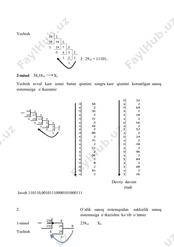 o`nlik sanoq sistemasida yozilgan 765310 sonini ikkilikka o`tkazish uchun 2 ga takror va takror bo`lib qoldiqlarni yig`ib o`tirgandan ko`ra: 1. bu sonni o`n oltilik sanoq sistemasiga o`tkazib olamiz 765310 = 1de516 2. tetrada ni qo`llaymiz: 1 d e 5 1 1101 1110 0101 demak o`nlikdagi 7653 soni ikkilikda 1110111100101 ko`rinishda bo`lar ekan. endi o`nlikdagi 16 sonidan kichik bo`lgan sonlarni ikkilikka o`tkazishda, avval sakkizlikka o`tkazib, keyin triada usulini qo`llaymiz: 1410 ?2 1) 1410 168 isboti 2) triadani qo`llaymiz 1 6 1 110 demak o`nlikdagi 14 soni ikkilikda 1110 ko`rinishda bo`lar ekan. endi bu nazariy bilimlarni mustahkamlash va o`quvchilarning amaliy bilimlarini oshirish uchun, bu amallarni kompyuterda bajarish usullari ko`rsatiladi. buning uchun kompyuterdagi kalkulyator dasturidan foydalanamiz. kalkulyatorni ishga tushirish tartibi: 1) “ctrl” va “alt” klavishlari orasidagi bayroqcha klavishasi bilan “r” klavishasi birgalikda bosiladi, ekranda muloqot oyna chiqadi 2) “открыть” yonidagi bo`sh joyga “calc” deb yoziladi va “enter” tugmasi bosiladi, ekranda oddiy kalkulyator oynasi …